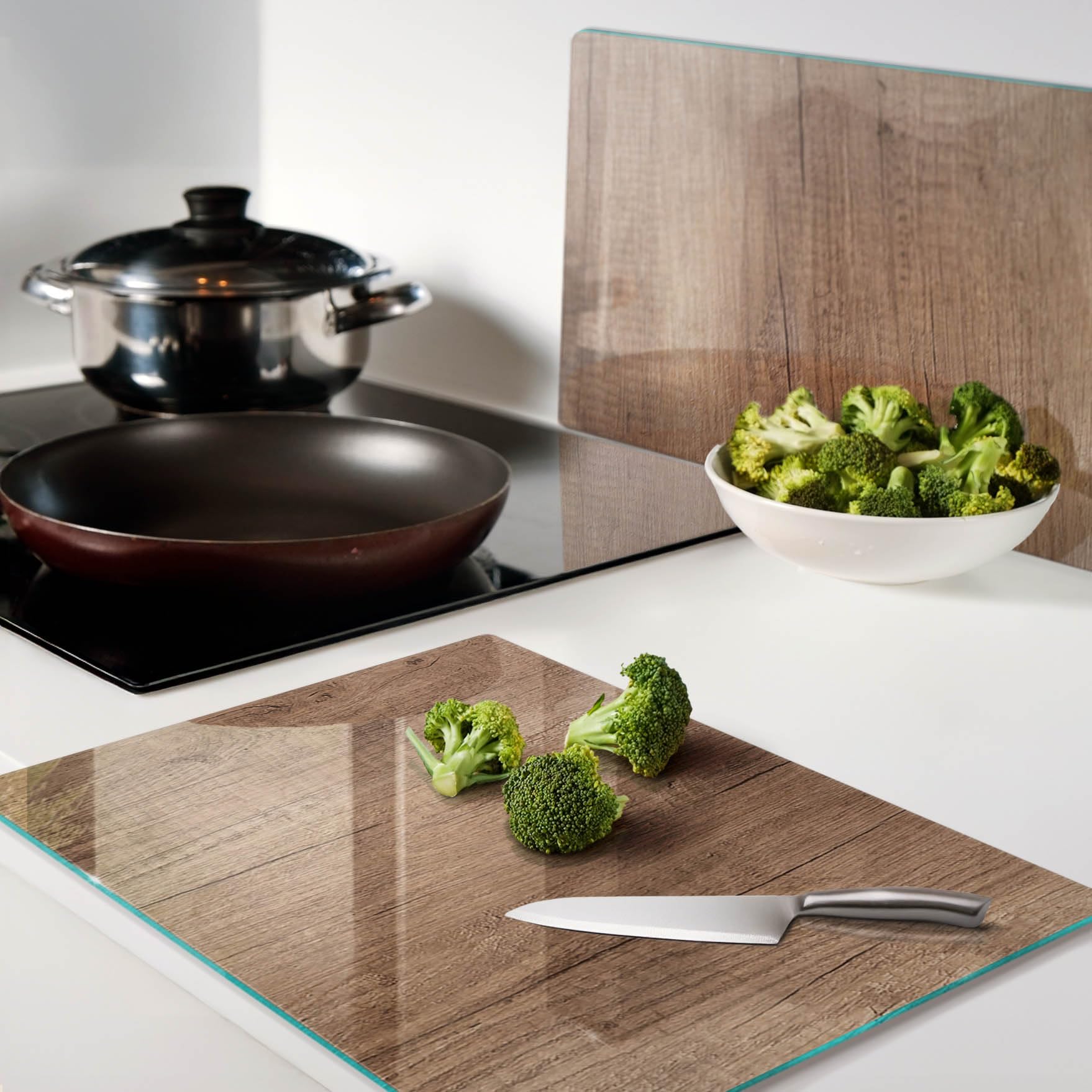 Schneidbrett Glas 2x40x52 cm Hitzebeständig Gehärtetes Glas Rutschfest Silikonfüße Plastikfrei Lebensmittelecht 2 Stück Glasplatte Antibakteriell Dekorativ für die Küche - Holz