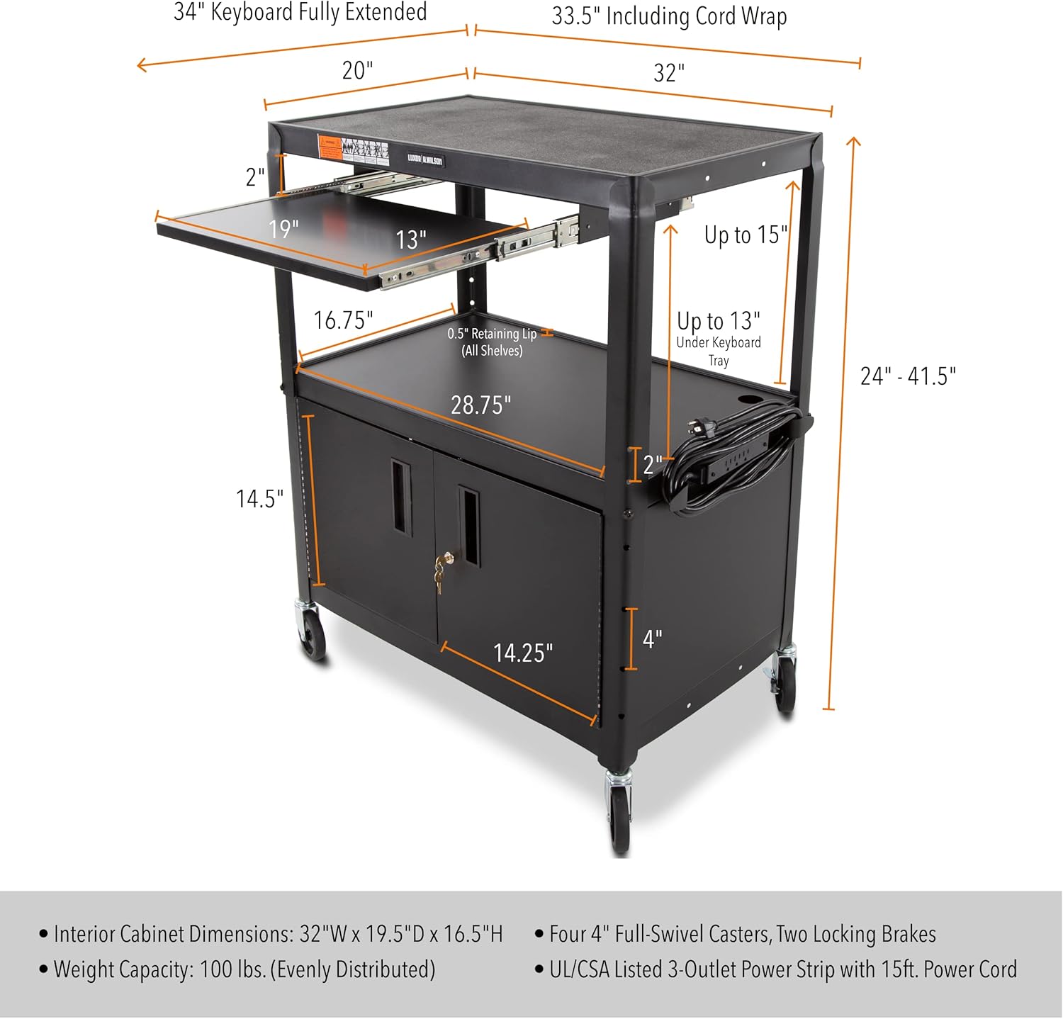 Line Leader Extra Wide AV Cart with Locking Cabinet, Rolling Computer Desk, Height Adjustable Utility Cart with Pullout Keyboard Tray & UL-Listed Power Strip, Great for Projectors (42 x 32 x 20in)