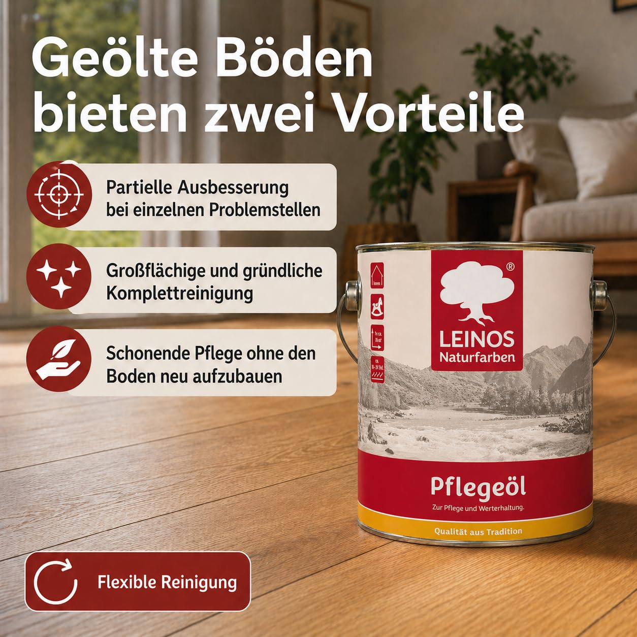LEINOS 285 Pflegeöl weiß 2,5 Liter für Holz, Parkett, Kork und Linoleum | Pflege, Reinigung und Auffrischung geölter und gewachster Flächen im Innenbereich | Natürlich ökologisch natürliche Optik