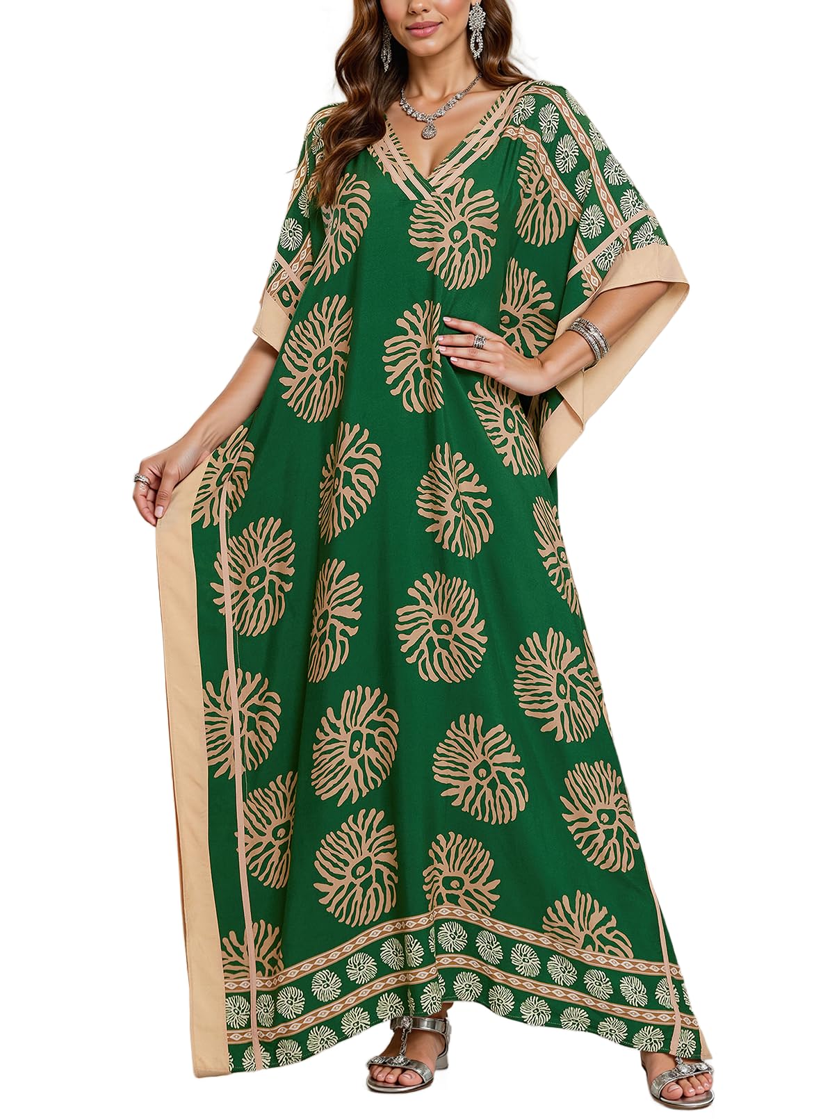 Plus Size Mumu Dresses for Women - Boho Batwing Sleeve Caftan with Side Slits Long Moo Moo Nightgown