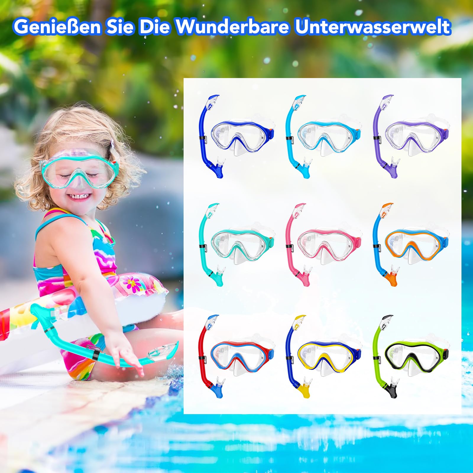 Schnorchelset Kinder mit Flossen, 180° Anti-Fog Panorama Weitblick Taucherbrille Kinder, Verstellbaren Schwimmflossen, Hochwertige Tauchermaske und Dry Top Schnorchel für Schwimmen