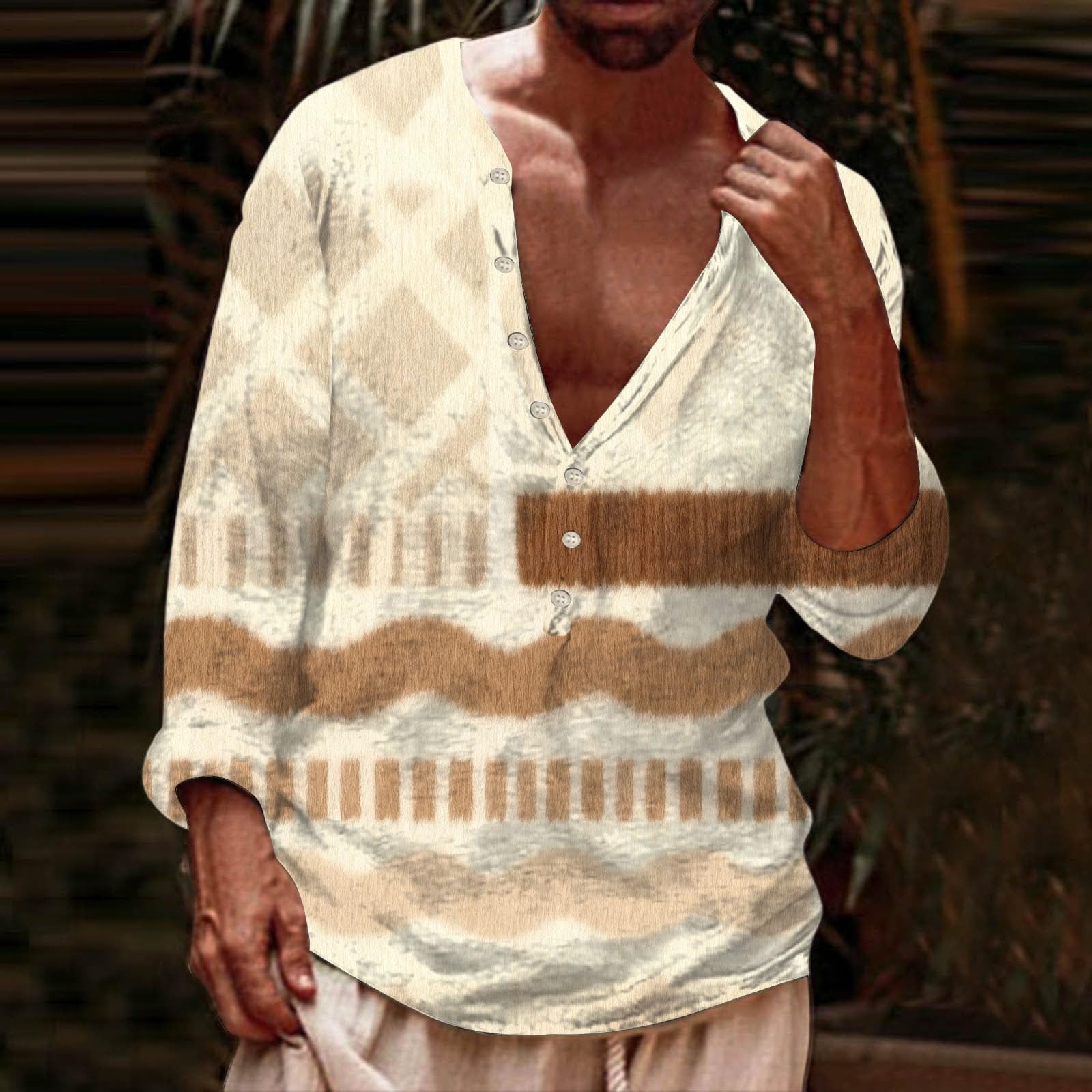 Generico Camicia Uomo con Cappuccio A Bottoni Maniche Lunghe, Tessuto Leggero Traspirante Taglio Ampio Stile Boho per La Spiaggia