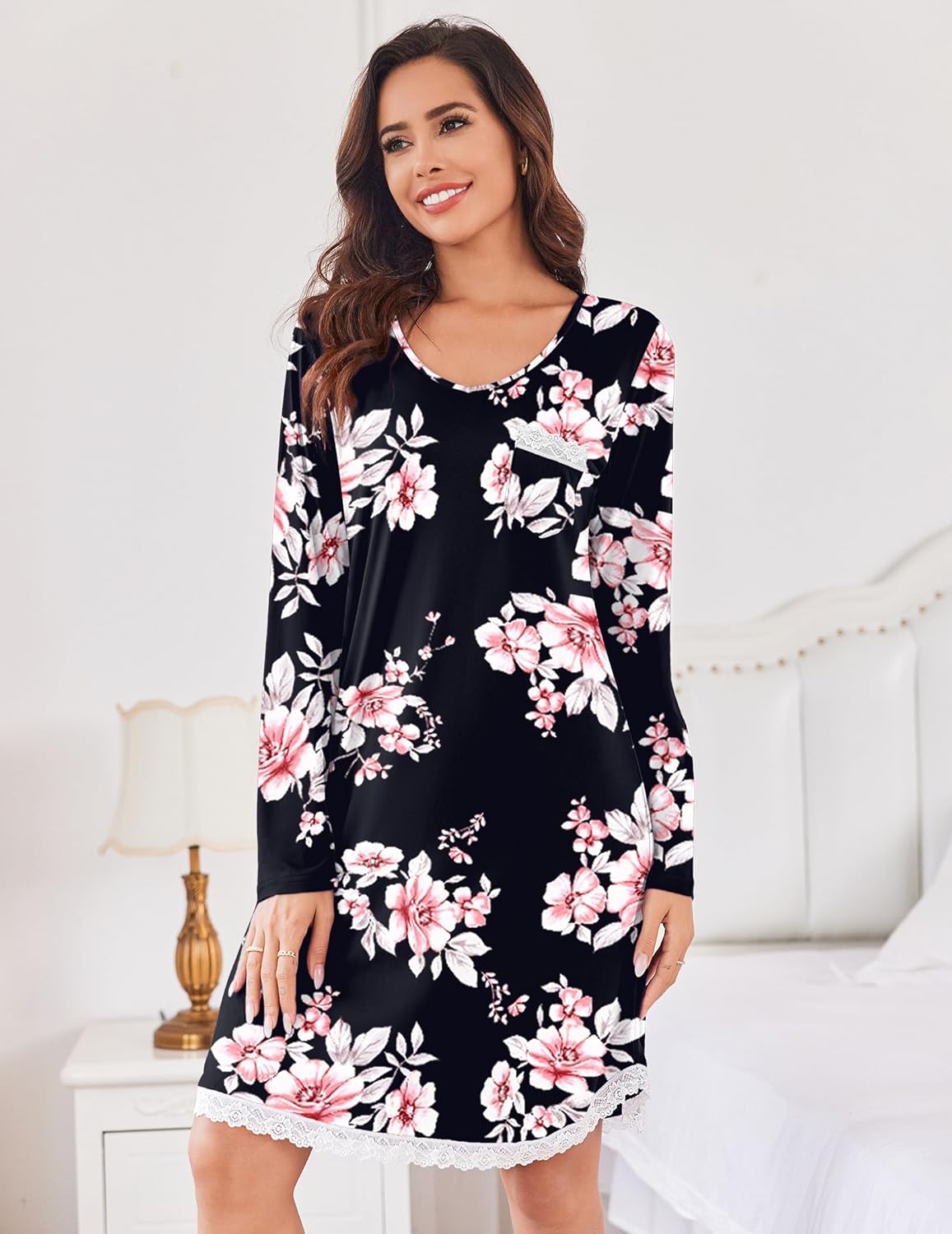 Ekouaer Womens Long Sleeve Nightgowns V Neck Sleepshirts Lace Nightshirts Casual T-shirt Sleep Dress with Pocket - Image 3