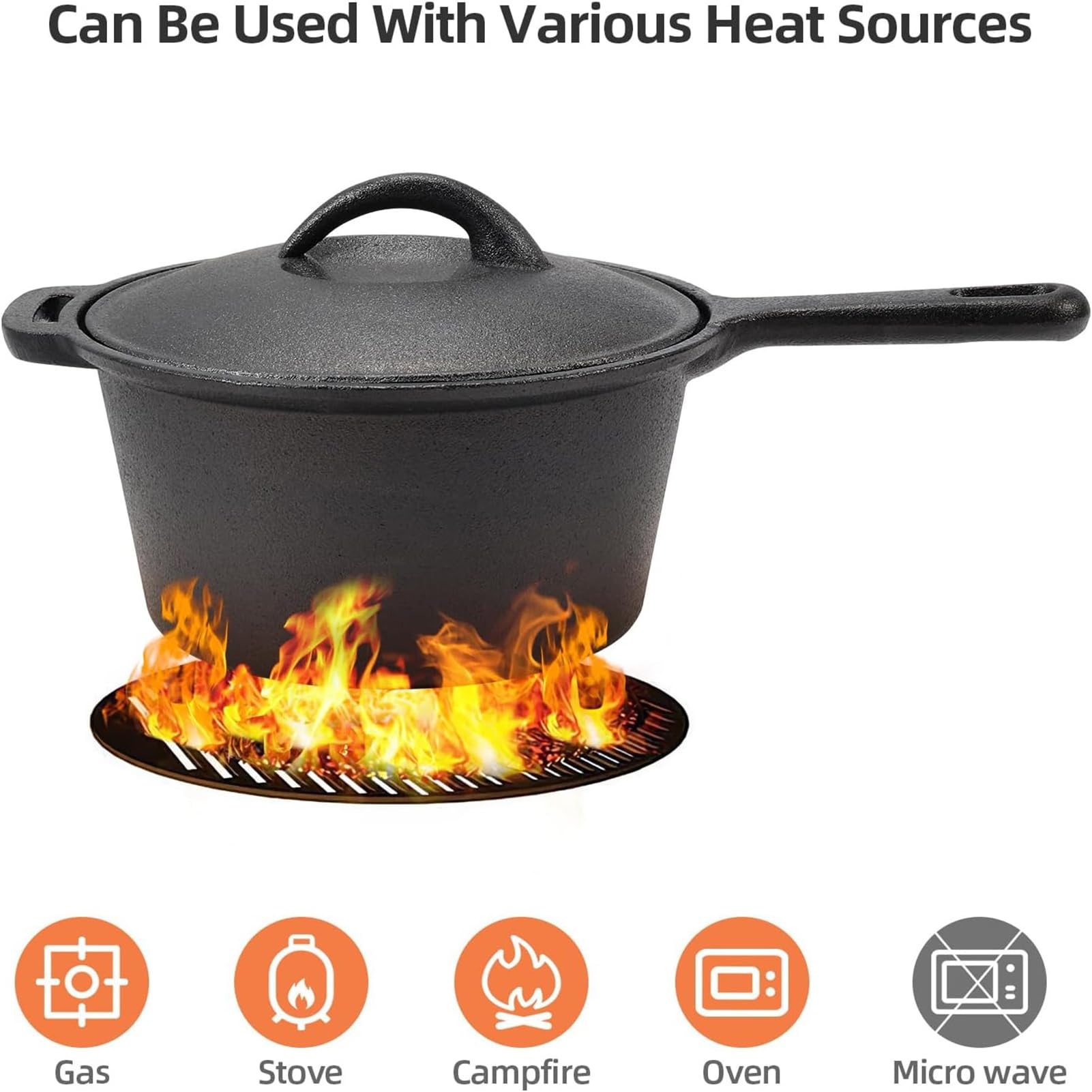 Forno Olandese in Ghisa, 2L Antiaderente Pre-Stagionato Pentolino Olandese con Coperchio E Manico Lungo, Ideale per Campeggio, Cottura, Cottura E Frittura,Nero
