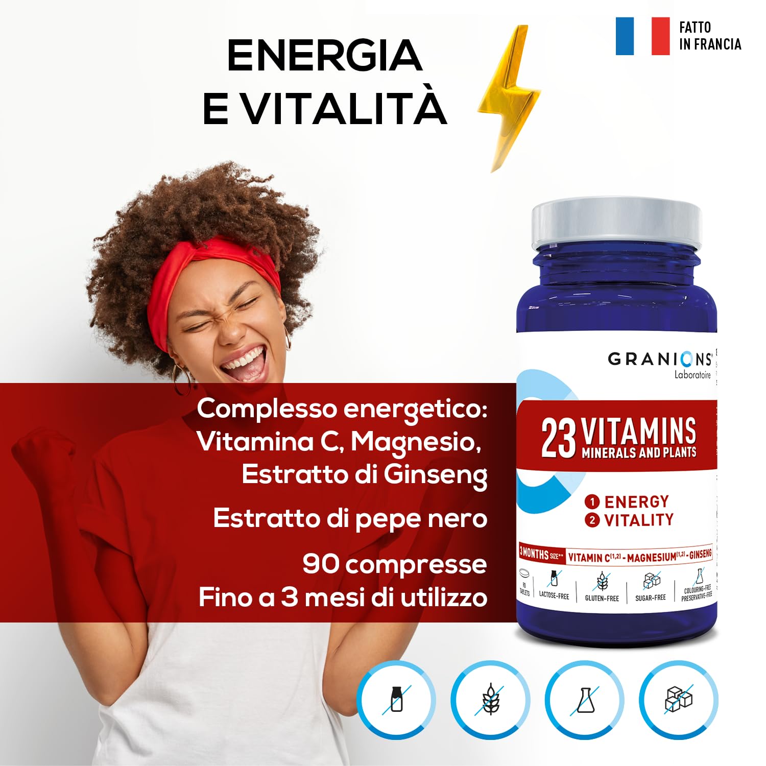 GRANIONS 23 VITAMINES, MINERAUX, PLANTES ENERGIE | 150 µg d'IODE 100% des AR | Vit A B C D3 E + oligoelements Zinc Magnesium Selenium + Ginseng | 90 comprimés | Format ECO 3 mois | Made in France
