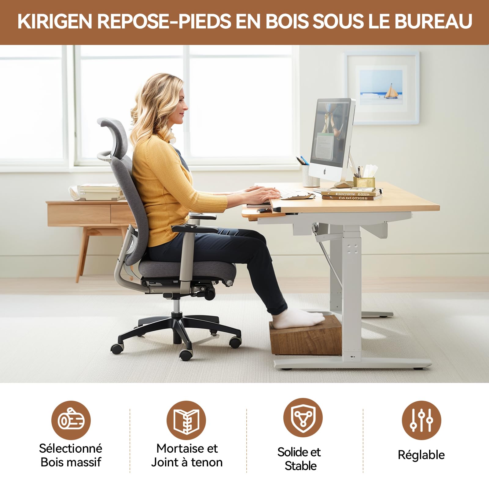 KIRIGEN Repose-pied en bois, repose-pieds de bureau réglable, brun | 40 × 30 cm, base 8/11,5 cm, 4 pieds réglables de 0 à 3 cm, bois massif, livré monté, finition à l’huile végétale