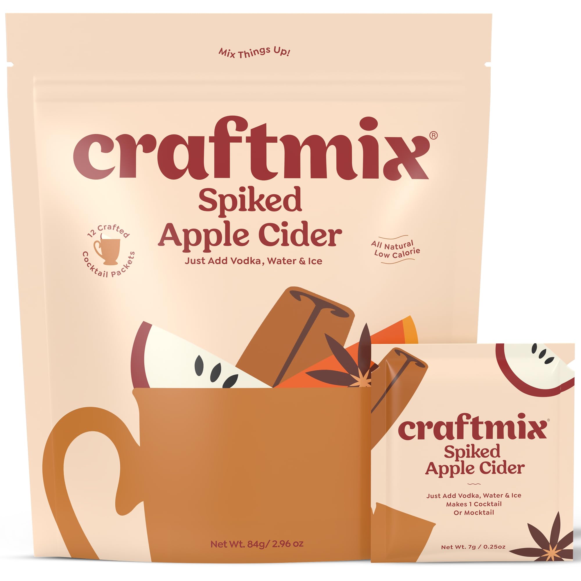 Craftmix Spiked Apple Cider Cocktail & Mocktail Drink Mixer, Skinny Mixes - Water Flavoring Packets - Made With Real Fruit - Vegan, Low-Carb, Low-Sugar, Non-GMO, Dairy Free, Gluten Free, 12 Pack