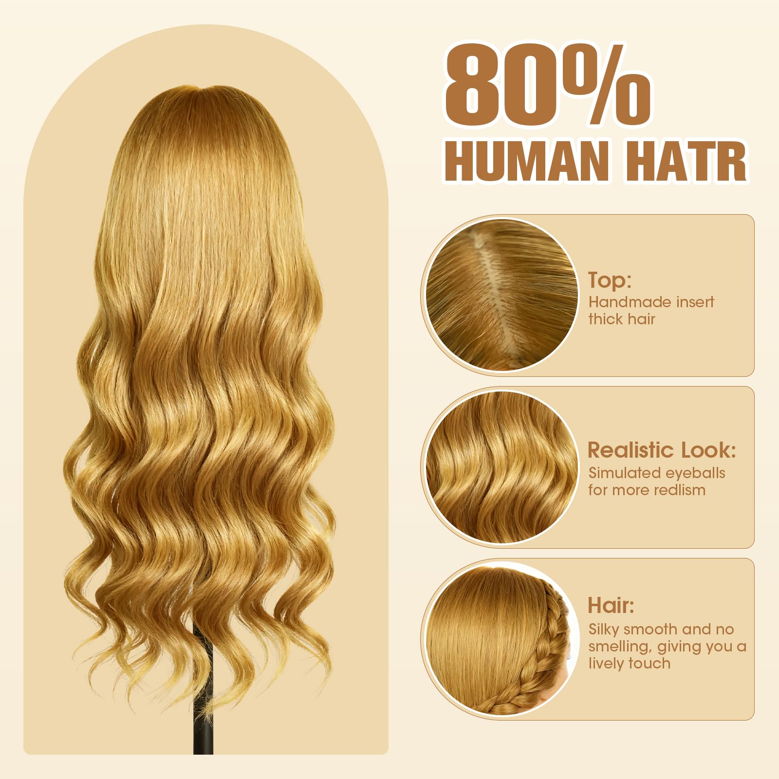 TopDirect Testa di manichino da 66 cm, 80% capelli veri, per cosmetologia, parrucchiere, manichino, con morsetto da tavolo + set per treccia (capelli dorati + occhi azzurri)