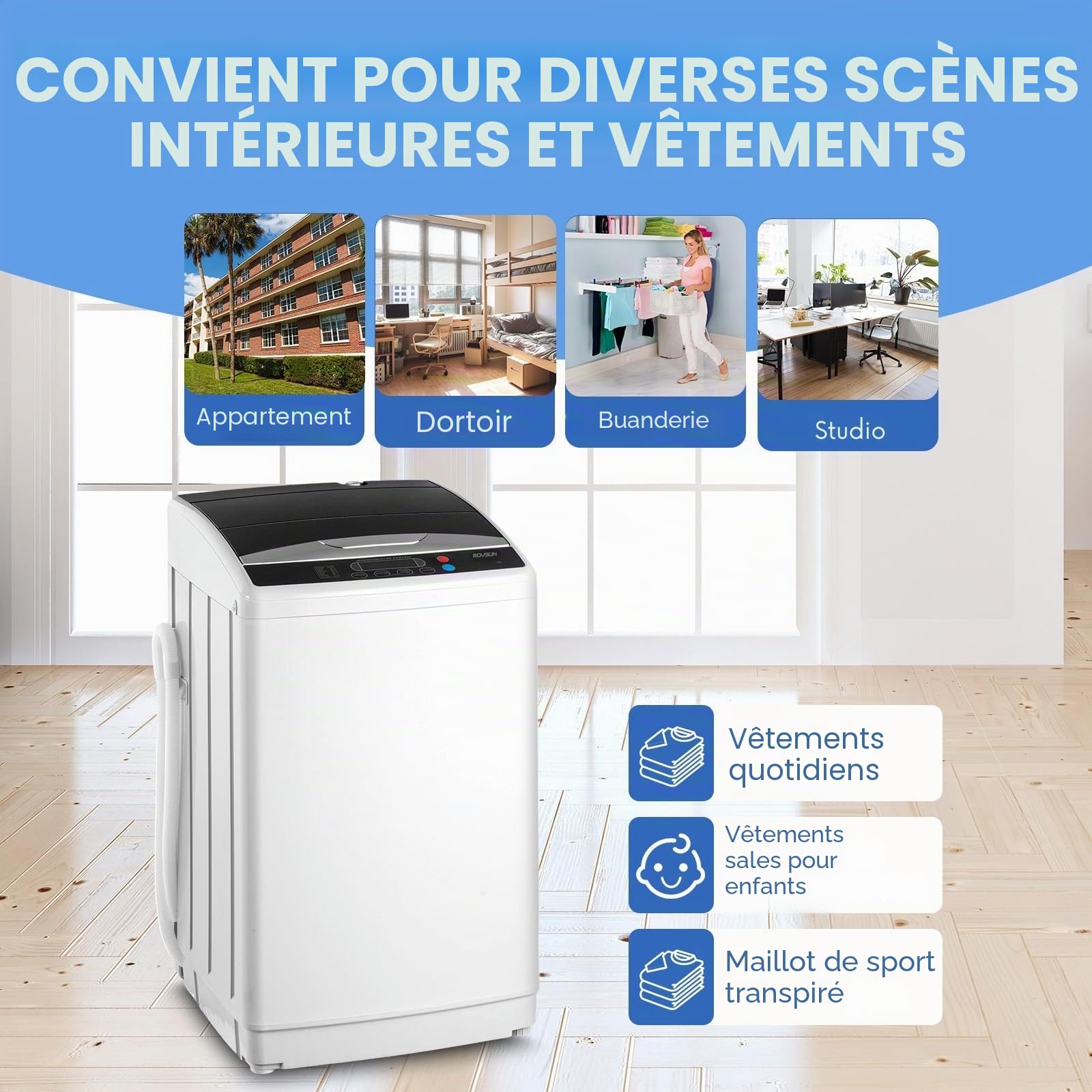 LEADZM Machine à laver à chargement frontal 7KG, lave-linge automatique complet avec essoreuse à tambour en acier inoxydable, mini machine à laver idéale pour les appartements et les camping-cars (7KG