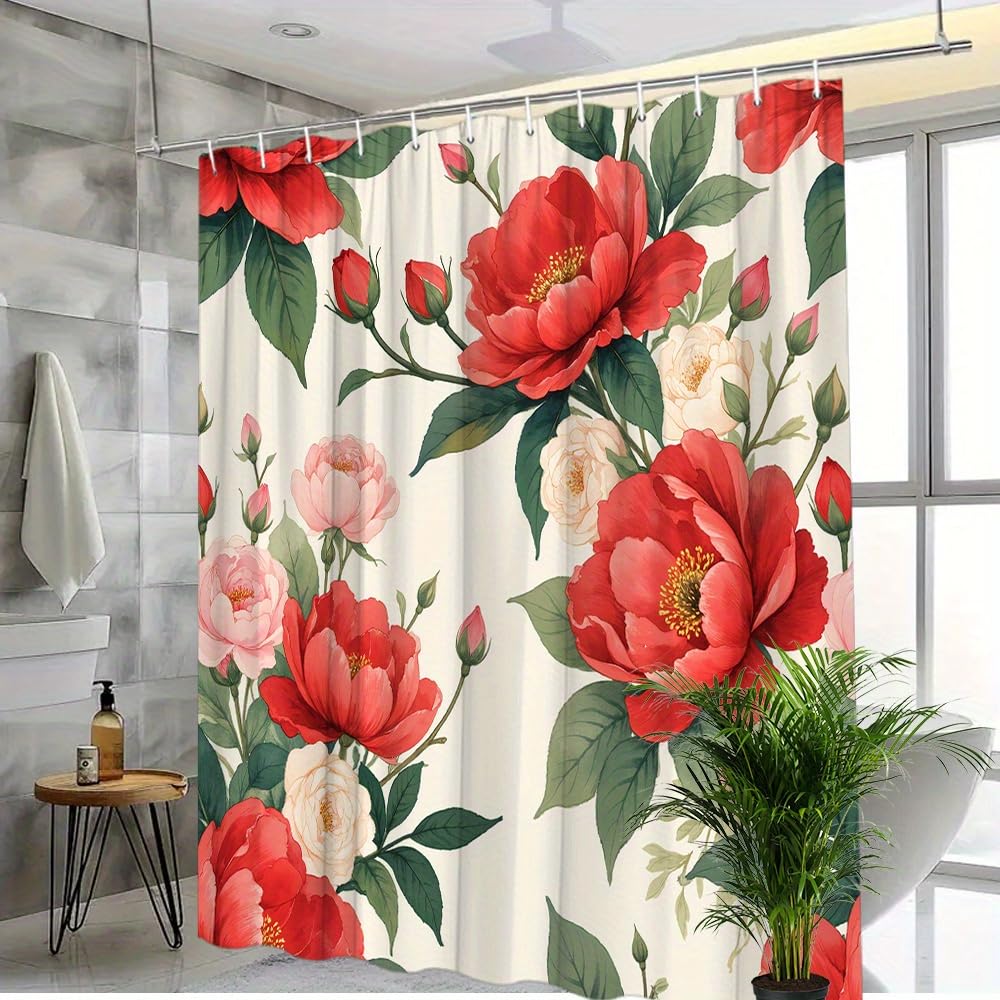 GLWDMB 1 Piece 120x180CM Vintage Red Peonies Printed Shower Curtain With Hook, Polyester, for Windows And Walls, Bathtub, Bathroom, Machine Washable, All Season Universal