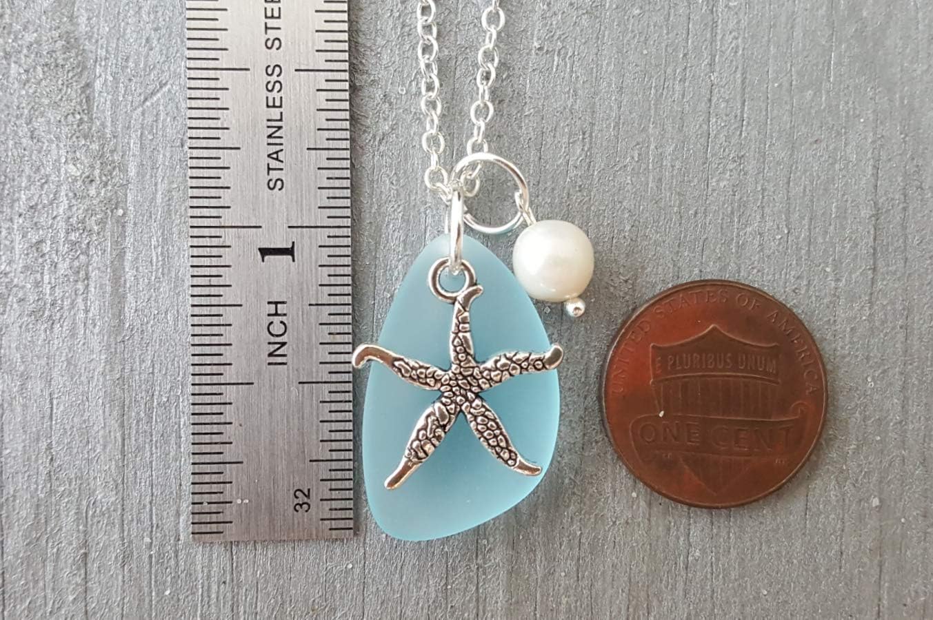 Handmade in Hawaii, turquoise bay blue sea glass necklace,starfish charm,freshwater pearl,"December Birthstone", (Hawaii Gift Wrapped, Customizable Gift Message)