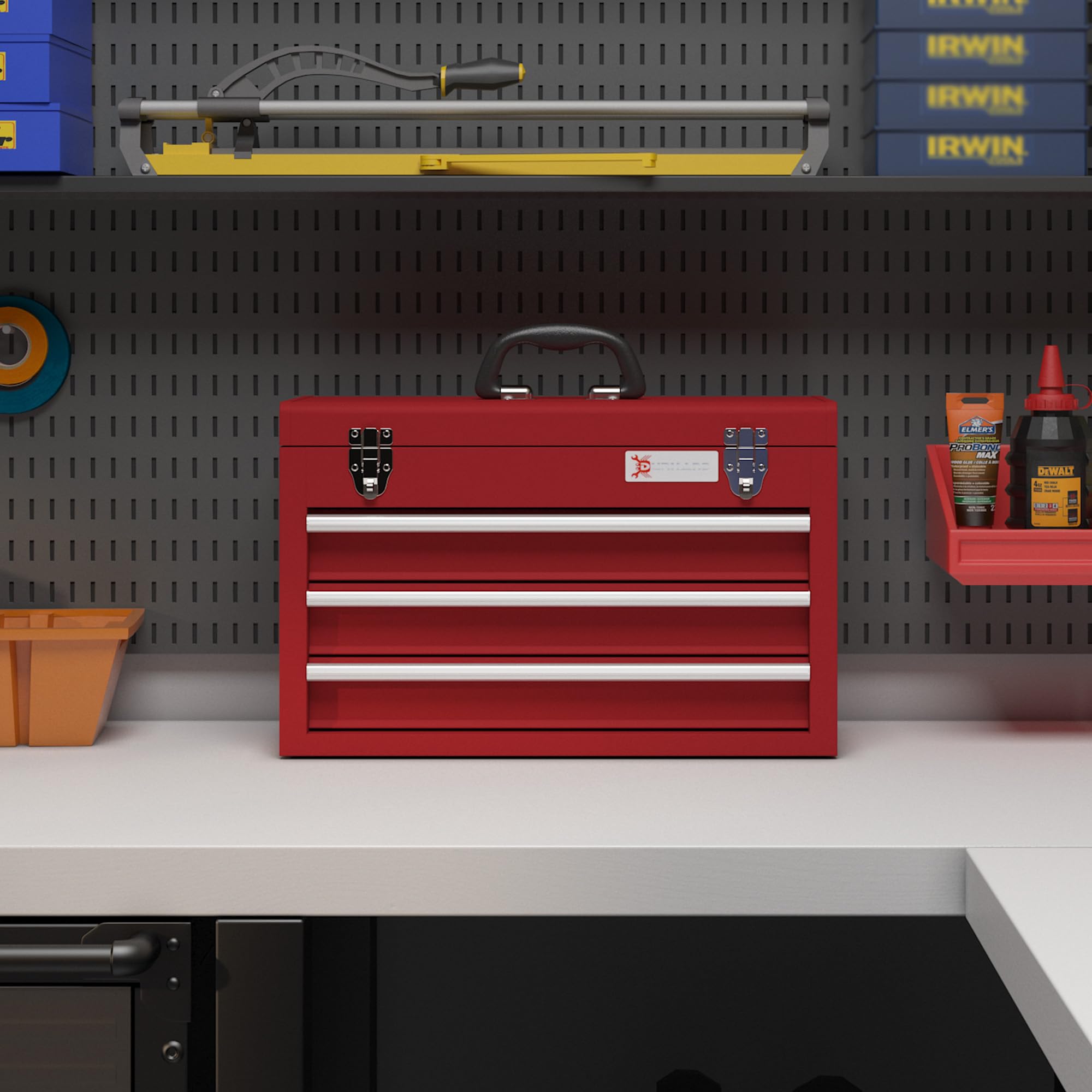 DURHAND Caja de herramientas vacía, 51 x 22 x 32 cm, caja de herramientas con 3 cajones, compartimento de almacenamiento superior, asa, caja de herramientas con 2 cerraduras, de acero, color rojo