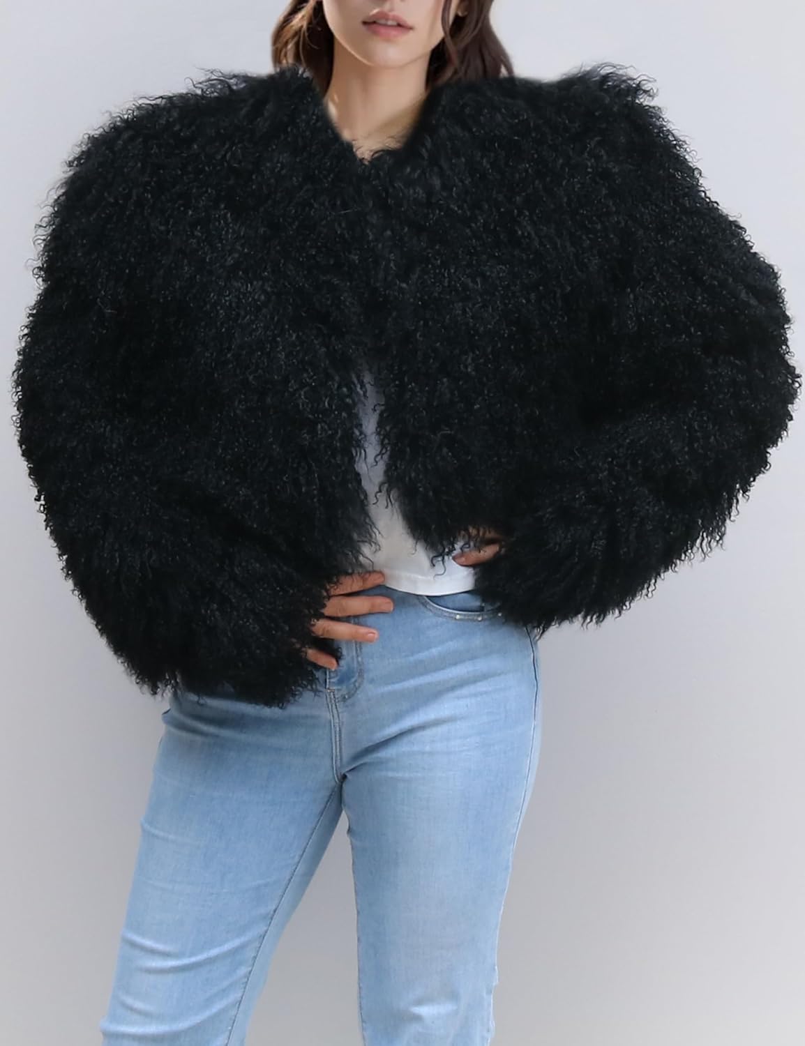 Women's Genuine Mongolian Fur Coat Fluffy Cropped Jacket Shaggy Outwear Long Sleeve Warm Winter