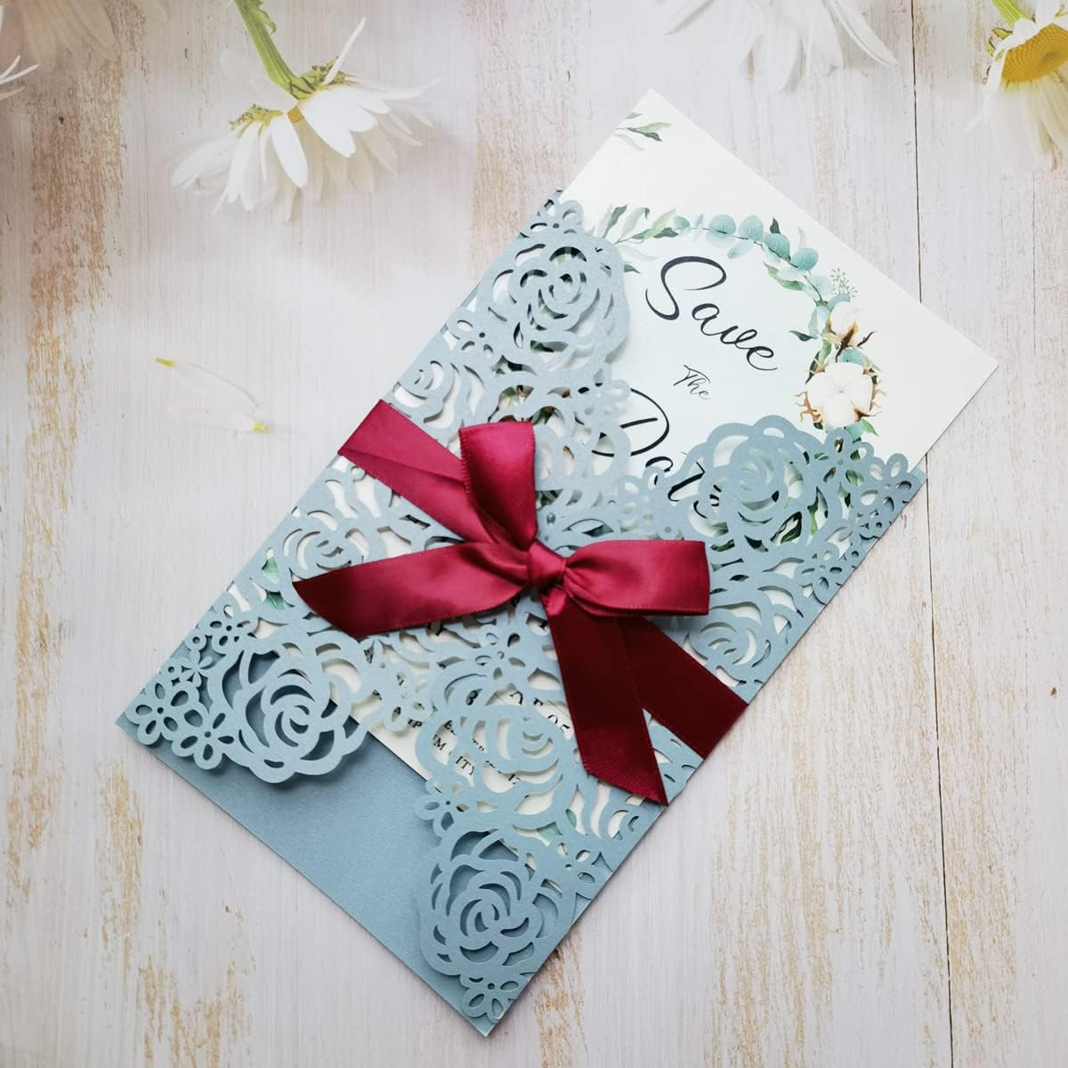 50PCS 5x7.3 inch Dusty Blue Wedding Invitations Cards with Burgundy Bowknot Blank Laser Cut Flora Invitation Card for Quinceañera Sweet 16 Birthday Party Wedding Invitation