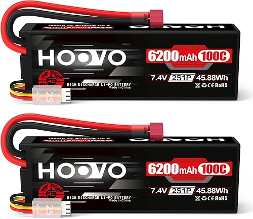 HOOVO 2S Lipo - Batería LiPo de 7.4 V, 6200 mAh, 100C, estuche rígido con enchufe en T, compatible con vehículos RC Buggy, coche, barco, camión,