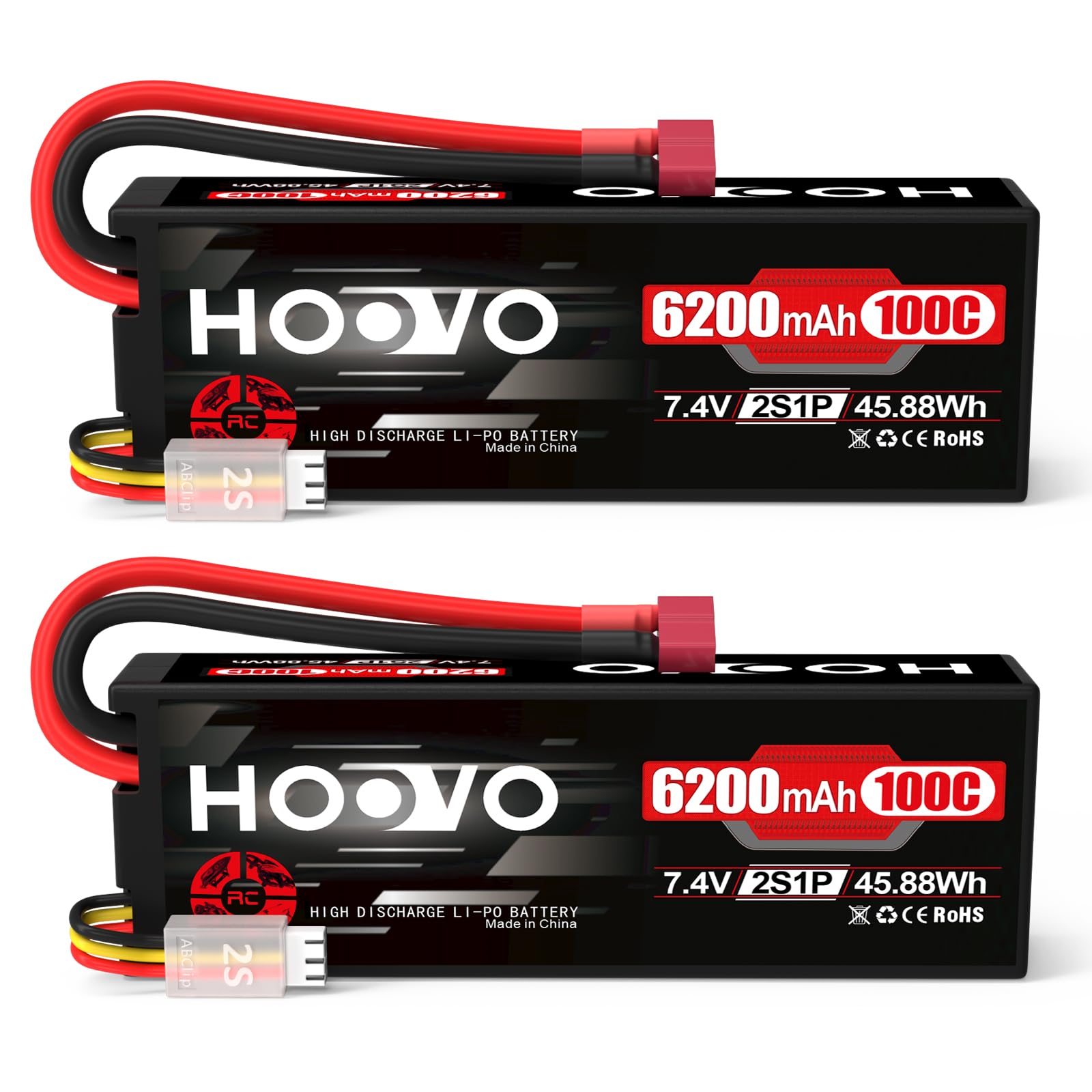 HOOVO 2S Lipo Battery,7.4V 6200mAh 100C LiPo Battery RC Pack Hard Case with T Plug Compatible with RC Buggy Vehicles Car Boat Truck, 2 Pack