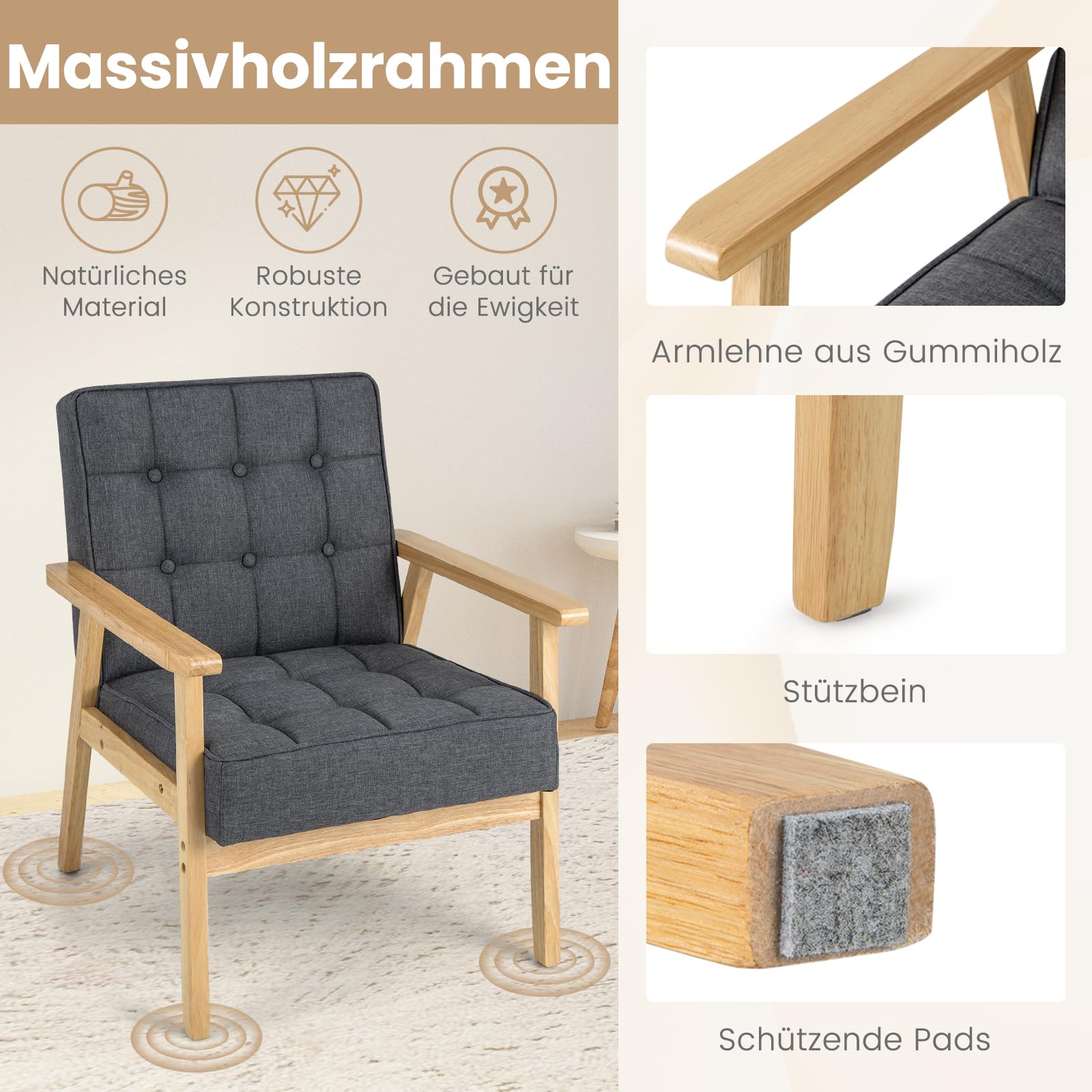 COSTWAY Fotel do salonu, tapicerowany, nowoczesne krzesło akcentujące z podłokietnikami z drewna gumowego, pojedyncza sofa do salonu, sypialni (kolor szary)