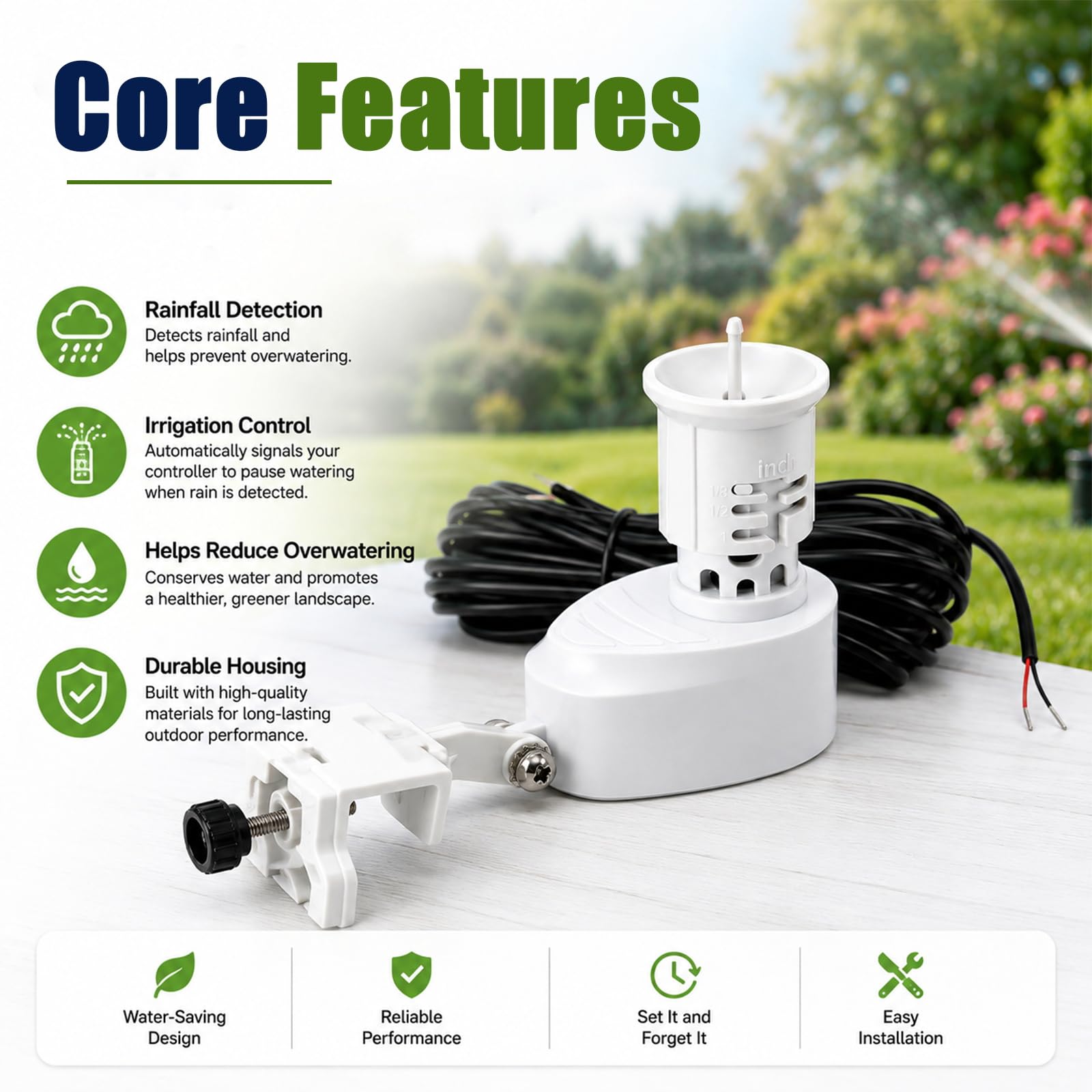 Sensore di pioggia cablato per sistema di irrigazione Cavo di collegamento da 7,6 m Soglia di pioggia regolabile 5-20 mm Design resistente alle intemperie Spegnimento automatico