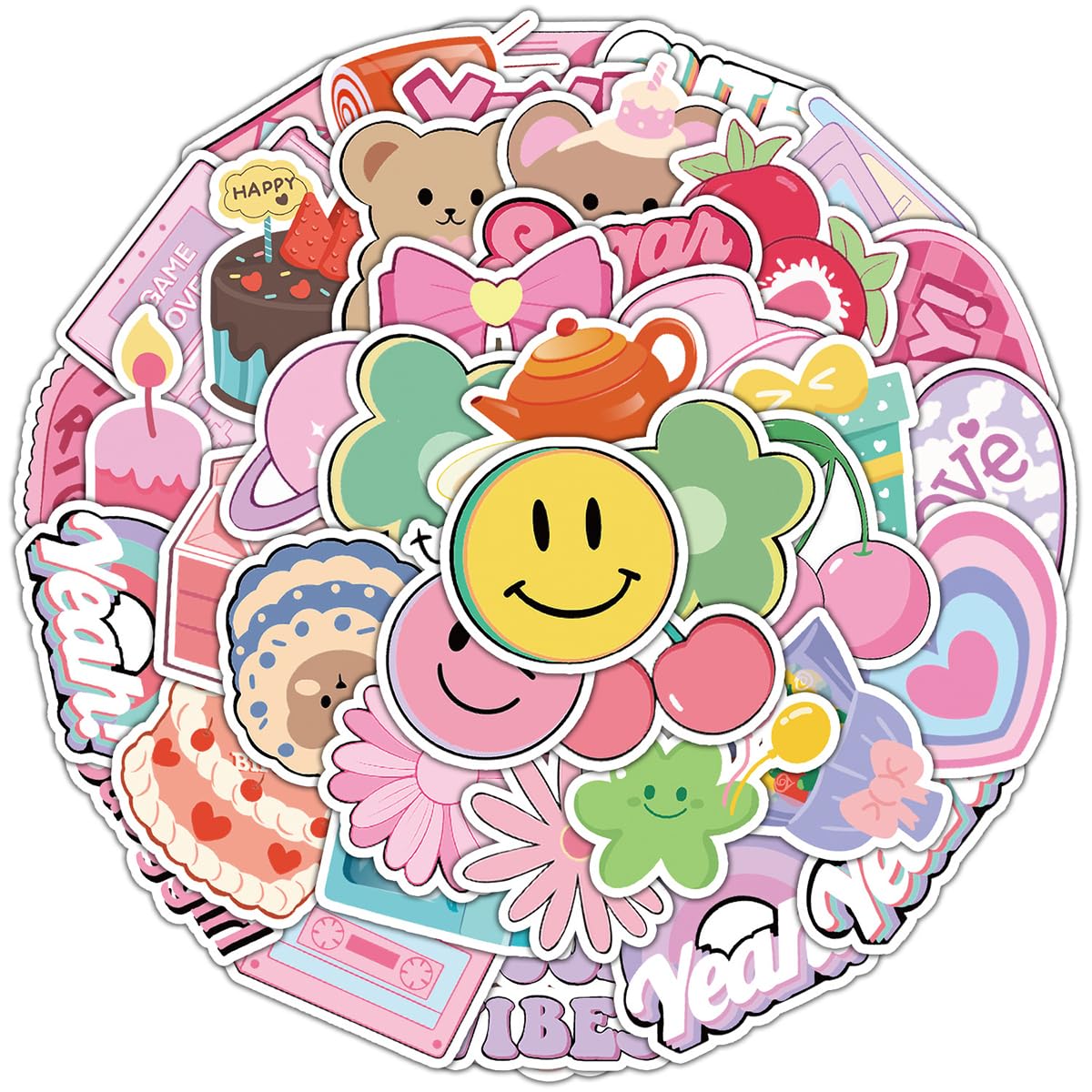 50Pcs Cute Cartoon Stickers - Kawaii Pink Flowers, Bears, Smiles - Waterproof for Laptop, Car, Scrapbook, Phone, Skateboard, Computer, Wall, Window - Kids, Girls, Boys Gifts