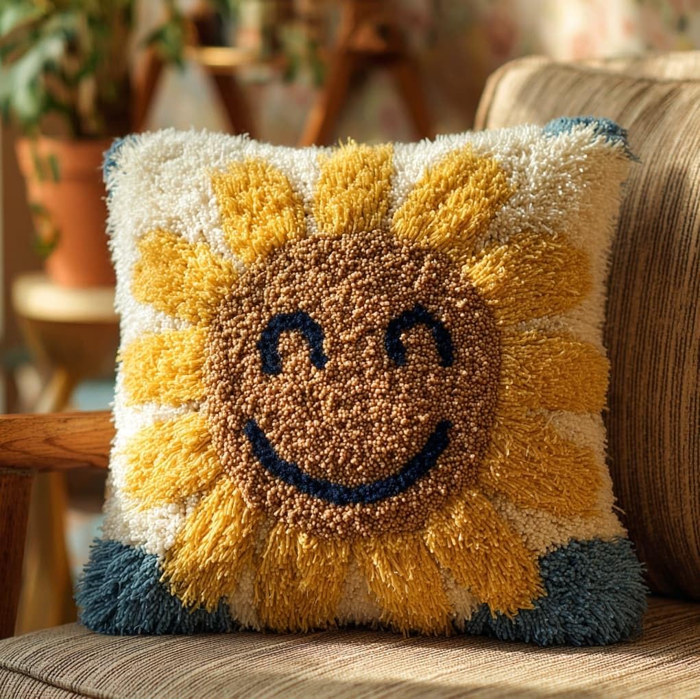 WallustrioaW Latch Hook Cushion kit,Smiling Sunflower,DIY Rug Cushion kit - Latch Hook Pillow for Beginners - Christmas Craft Activity,17x17in