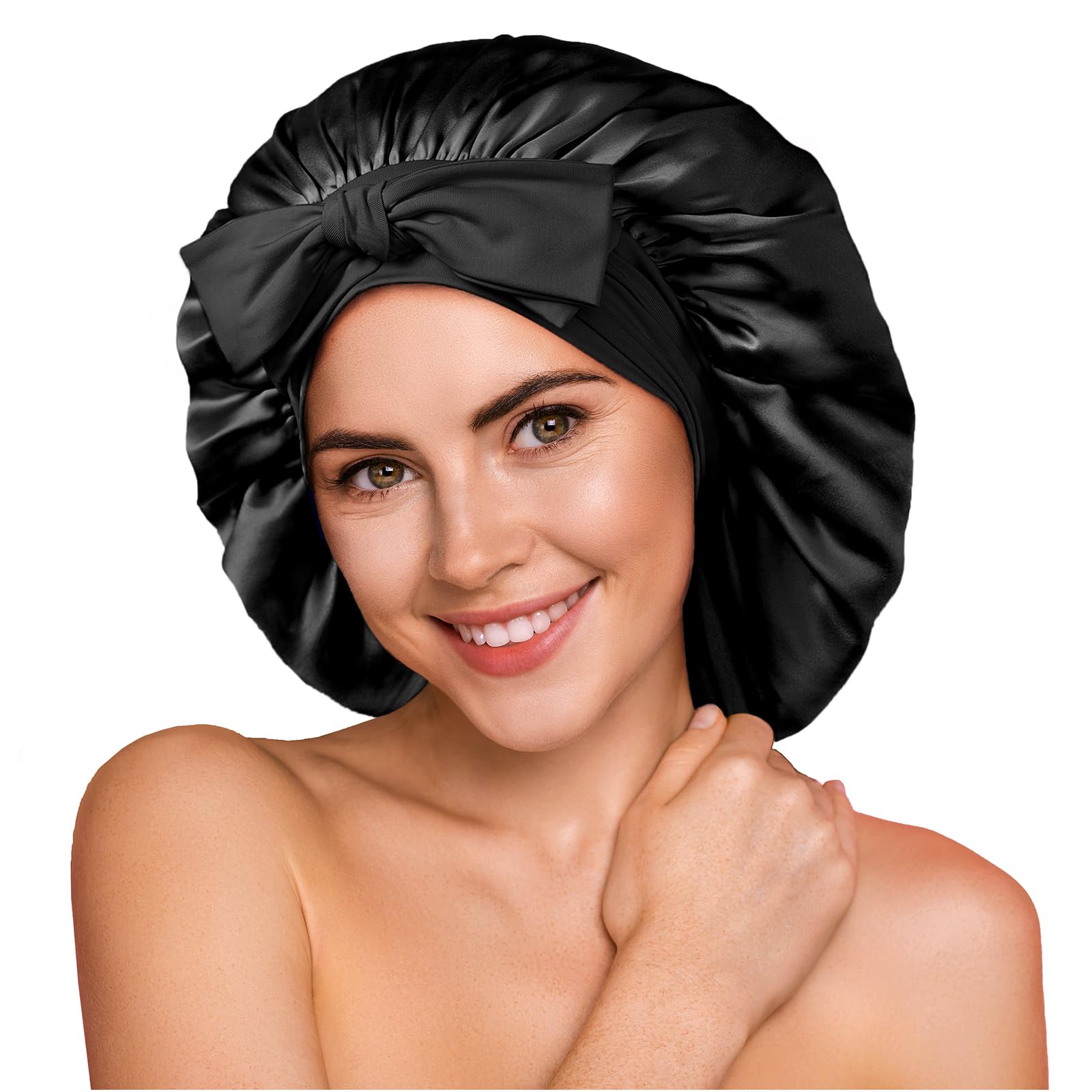 Umisleep Gorro de Seda para Dormir, 22 Mommes, Gorro Nocturno de Seda de Morera, Doble Seda Suave para Cabello Rizado, Transpirable, Banda Ancha Ajustable para Fijar en la Cabeza, Negro