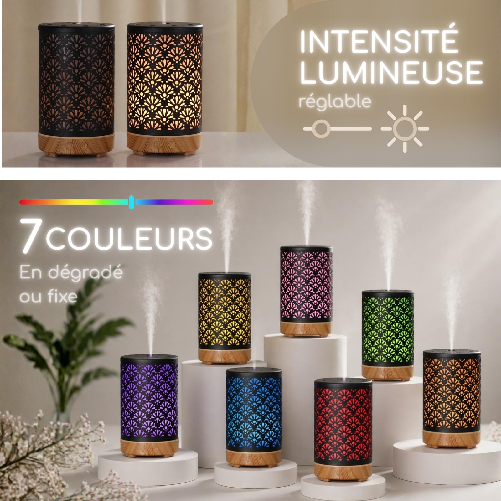 Zen’Arôme Diffuseur Ultrasonique Aromathérapie Sofia - Diffusion Huile Essentielle à Froid - Diffuseur Électrique avec Télécommande - Éclairage Led Personnalisable – Coque en Métal avec Décor Original