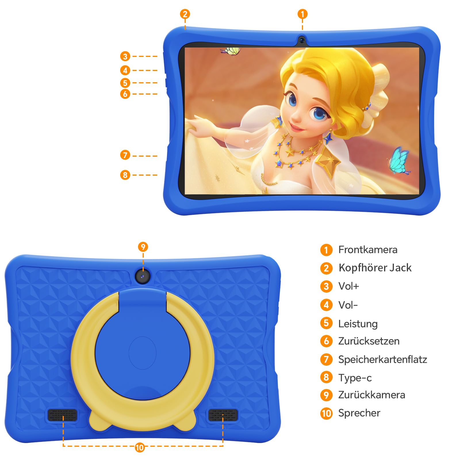 DigiLand 10,1-Zoll-Kinder-Tablet, Android 15-Tablets mit Schutzhülle, RAM 6GB + ROM 32GB, 1280 * 800 IPS-Bildschirm, 2MP+5MP Dual-Kamera, 6000mAh, OTA, Lerntablett mit Kindersicherung und iWawa,Blau