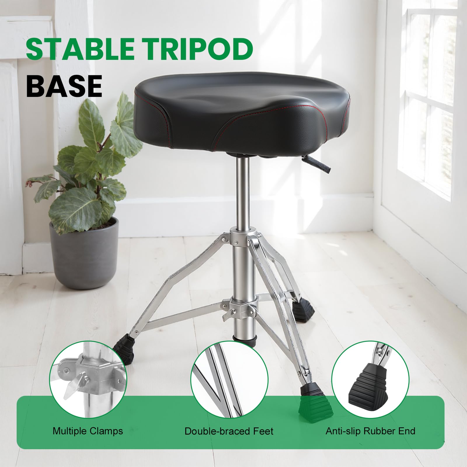 Robuster Schlagzeug-Thron, verstellbare Höhe von 44,9 - 62,6 cm, bequeme PU-Oberfläche, Motorrad-Stil, Schlagzeughocker, extra dicker Sitz, entworfen für erwachsene Schlagzeuger