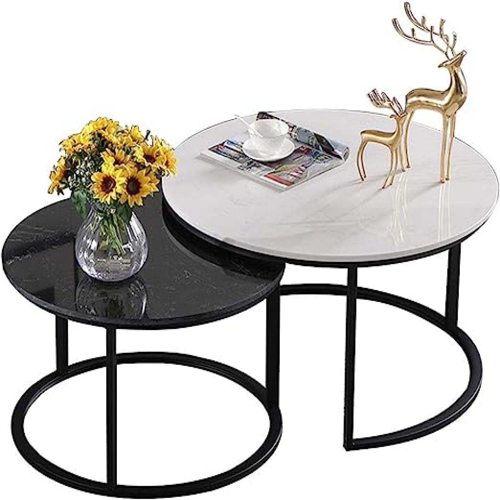 CVQJL Couchtisch Set 2-tlg - Runder Glastisch Mit Holzgestell Stapelbar