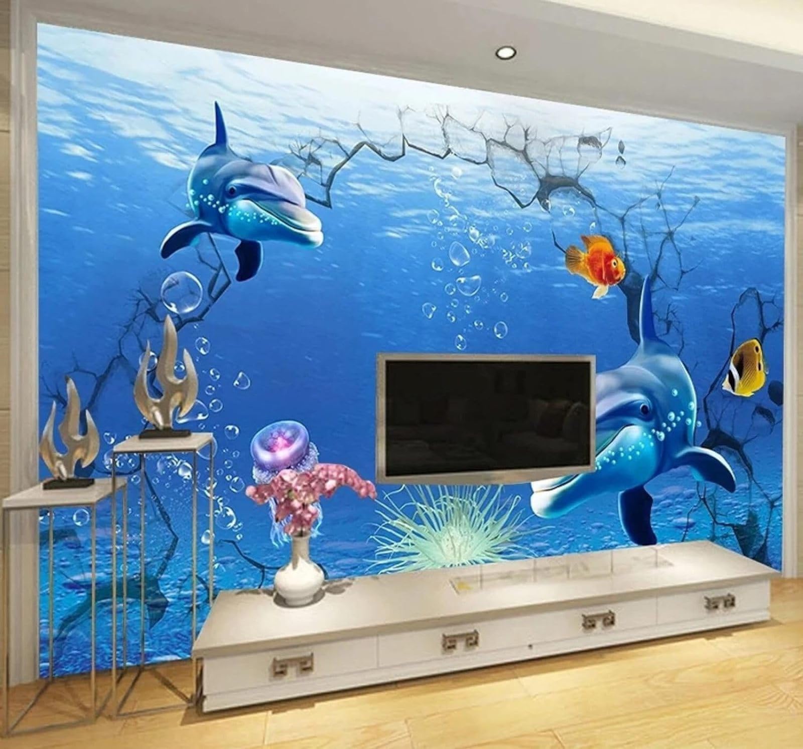 3D Papel Pintado Pared Fresco Azul Mundo Submarino Ballenas Vistas Marinas