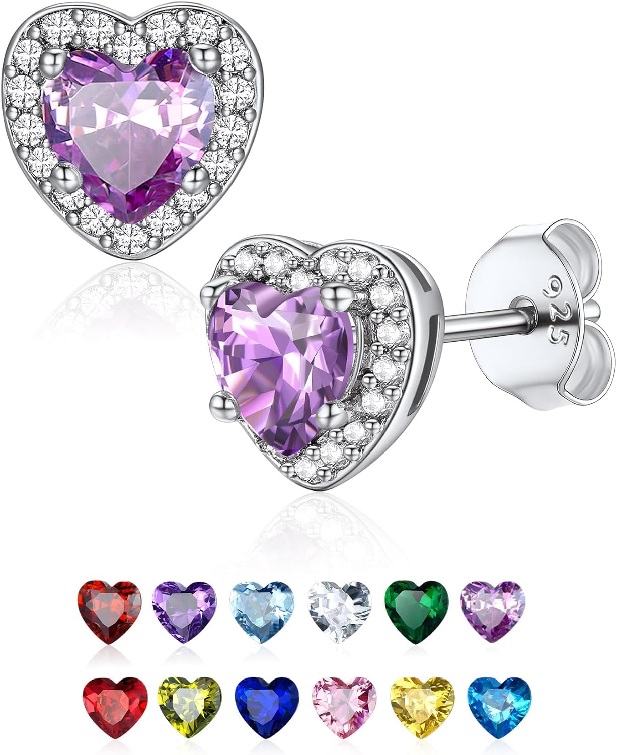 Dainty Sterling Silver Birthstone Stud Earrings, Heart Crystal Stud Earring, Jan - Dec Birthday Gift for women/Come with Box
