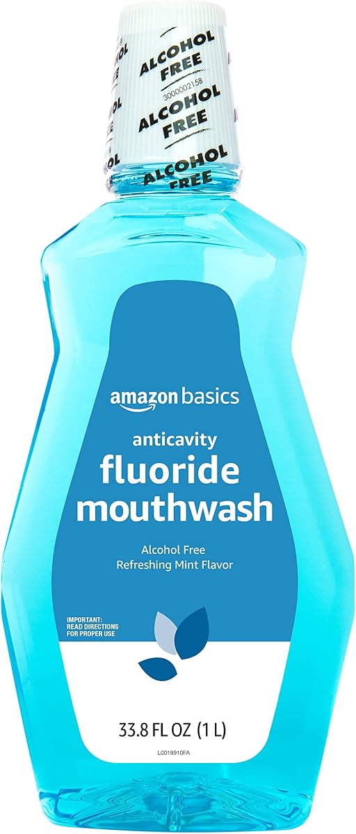 Amazon Basics Fluoride Mouthwash for Adults, Anticavity, Alcohol Free, Bad Breath Control, Strengthens Teeth - Refreshing Mint Flavor, 1 Liter