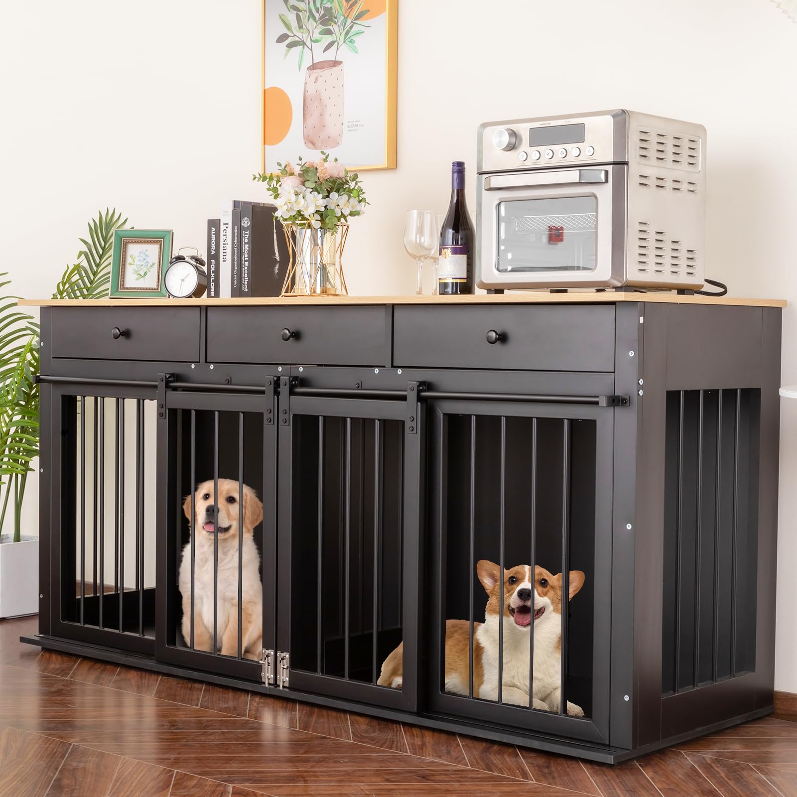 Sunseen Dog Crate Furniture Large Breed Wooden Dog Kennel with Room Divider & 3 Drawer,Double Doors Heavy Duty Dog Crate End Table Indoor TV Stand for Small Medium Large Dog 72''W*24''D*35''H,Black