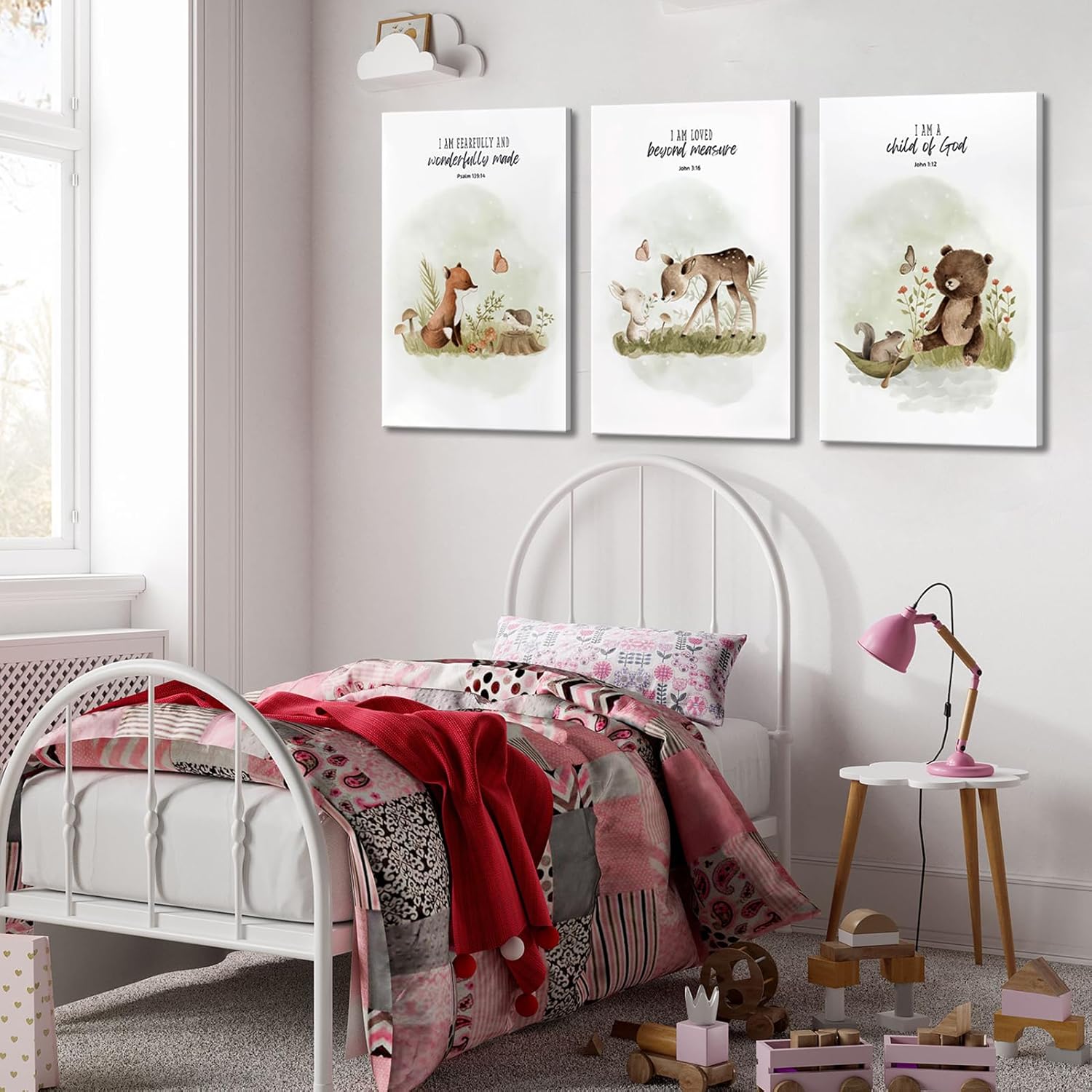 3Pcs Christian Nursery Animal Canvas Wall Art Bible Verse Wall Decor Pictures Religious Watercolor Cute Baby Animals Posters Prints for Kids Boys Girls Room Home Decoration 12x16in
