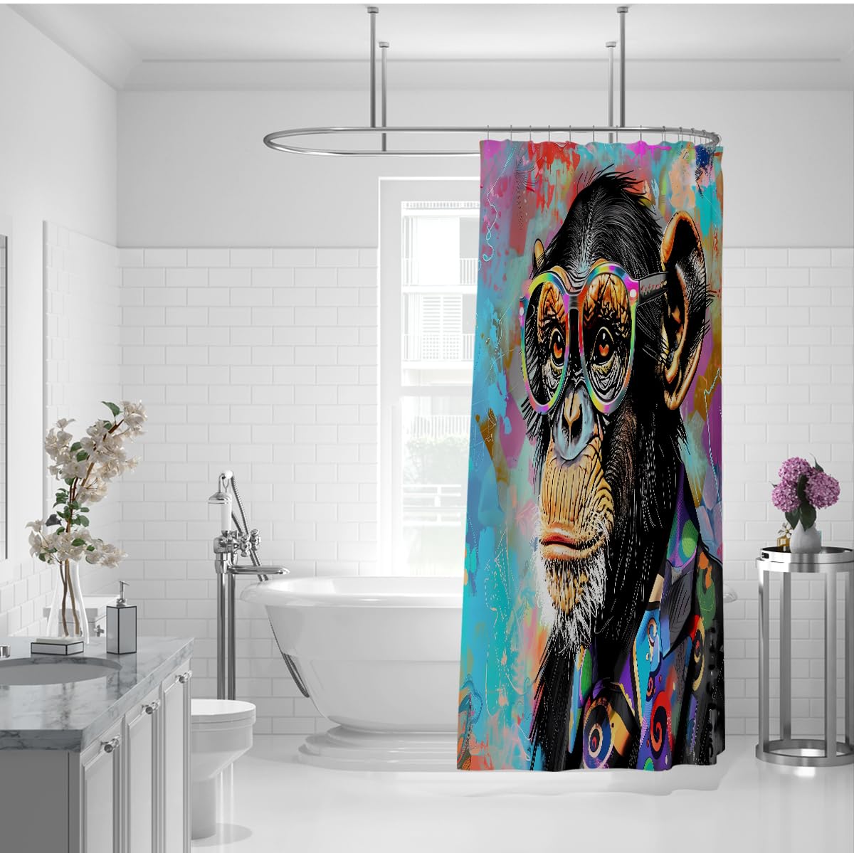 Lustiger Affen-Duschvorhang Mit bunten Brillen Cooler Tier-Duschvorhang mit Haken Wasserdichter Stoff Schnell trocknender Badezimmerdekor 200 x 220 cm