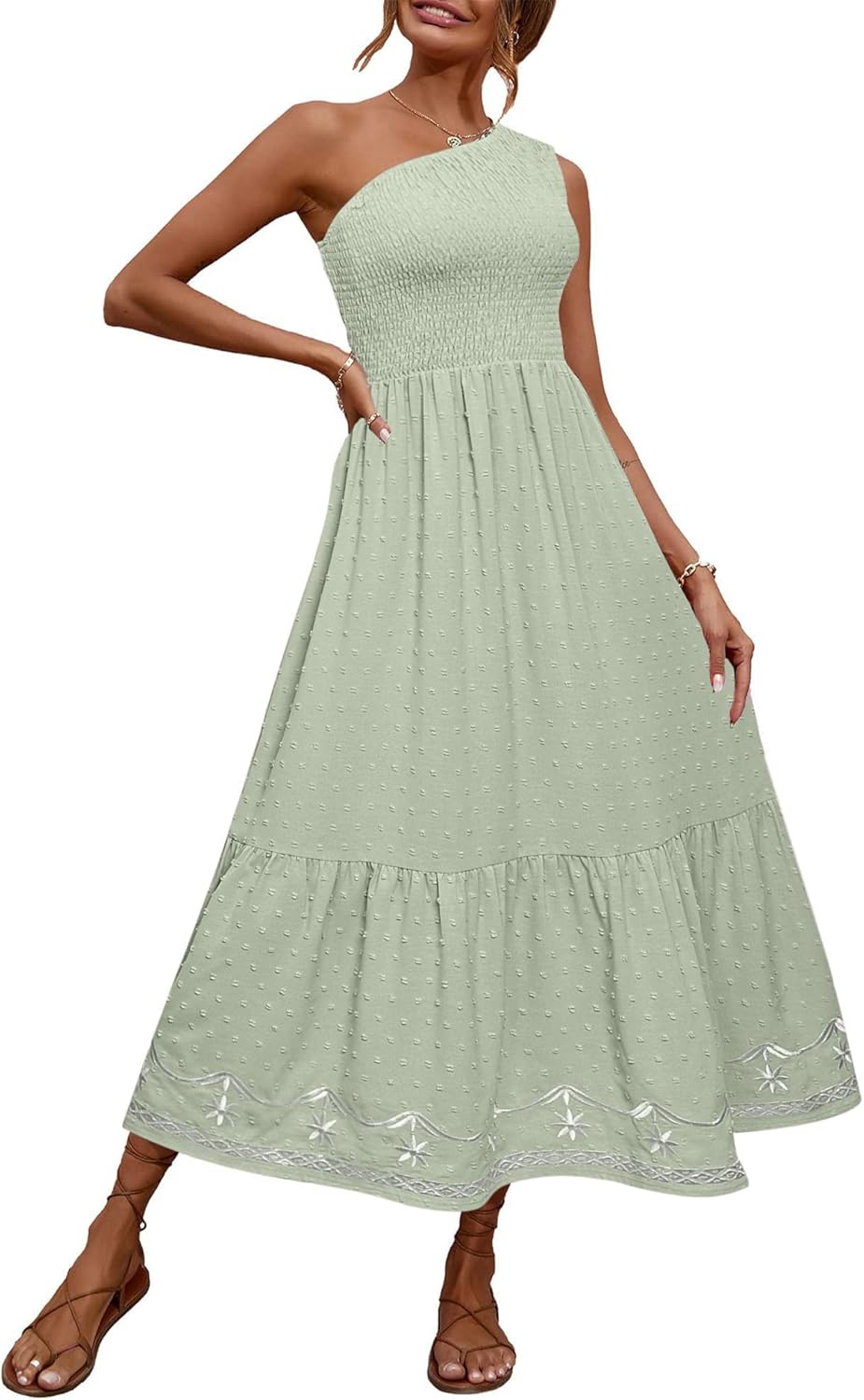 Glamaker Women's Short Sleeve Smocked Square Neck A Line Summer Flowy Maxi Long Dress - Image 2