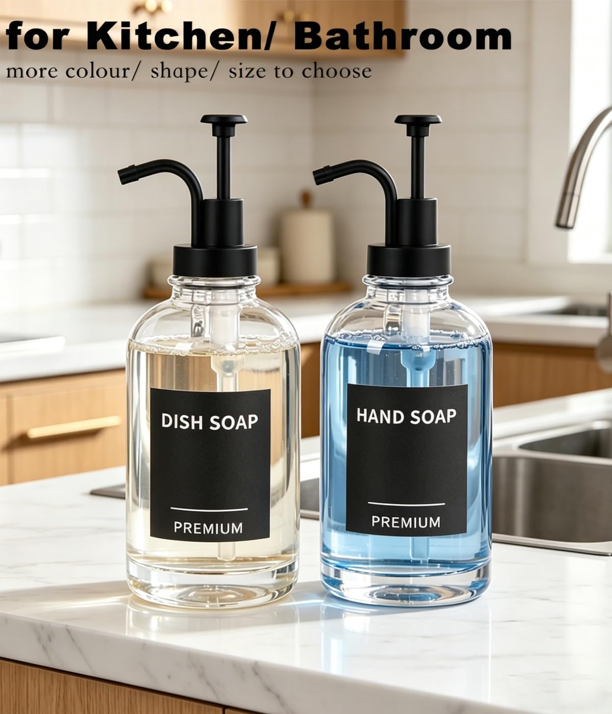 Dispenser di sapone per piatti da cucina, dispenser di sapone a mano in vetro con pompa, vassoio, imbuto per bagno, doccia, lavanderia, liquidi, lozioni (confezione da 2 bottiglie trasparenti da 510