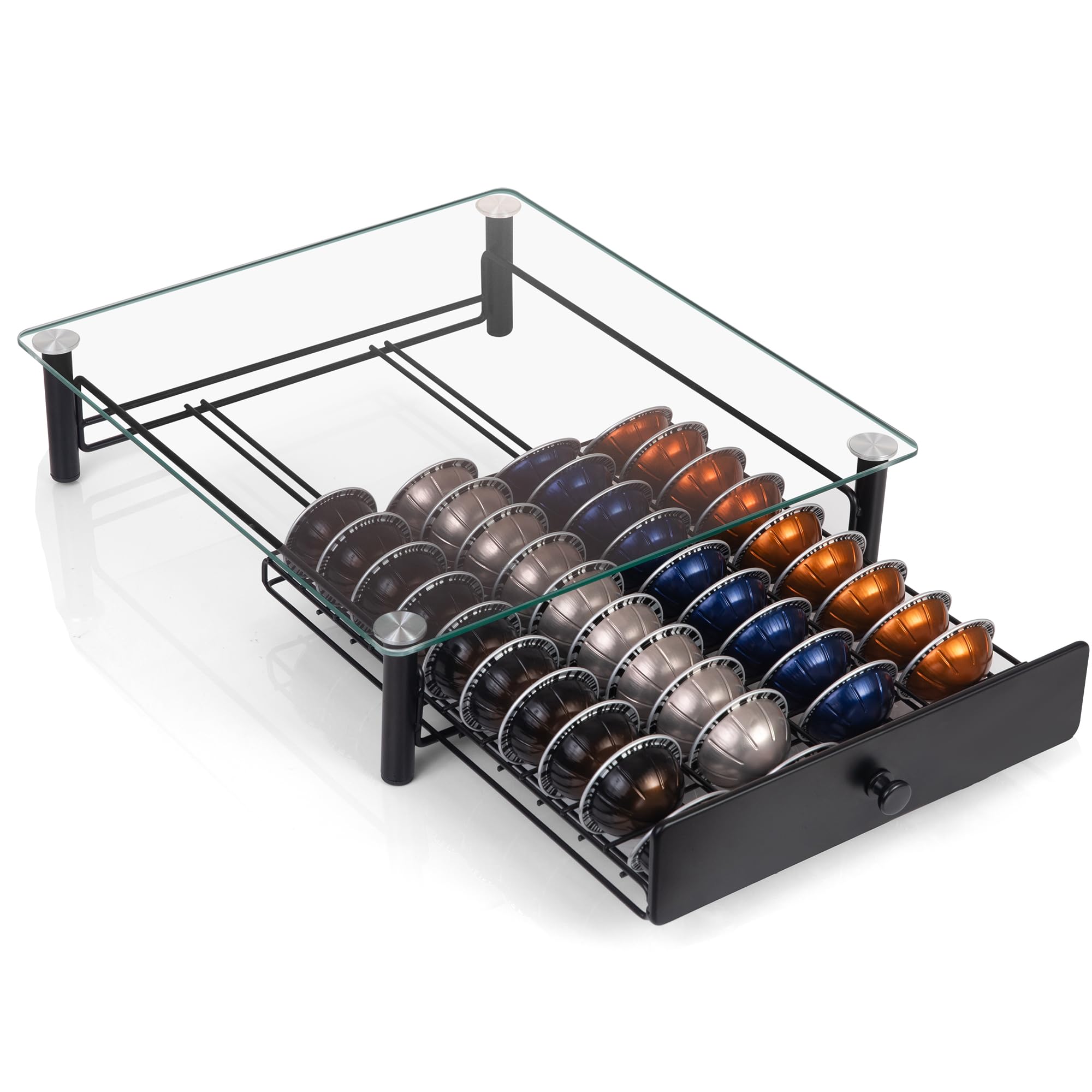 Tiroir Porte-Capsules Nespresso Vertuo - Rangement 40 Dosettes - Verre Trempé 0.4cm - Noir - 39.9x26.4x9.9cm