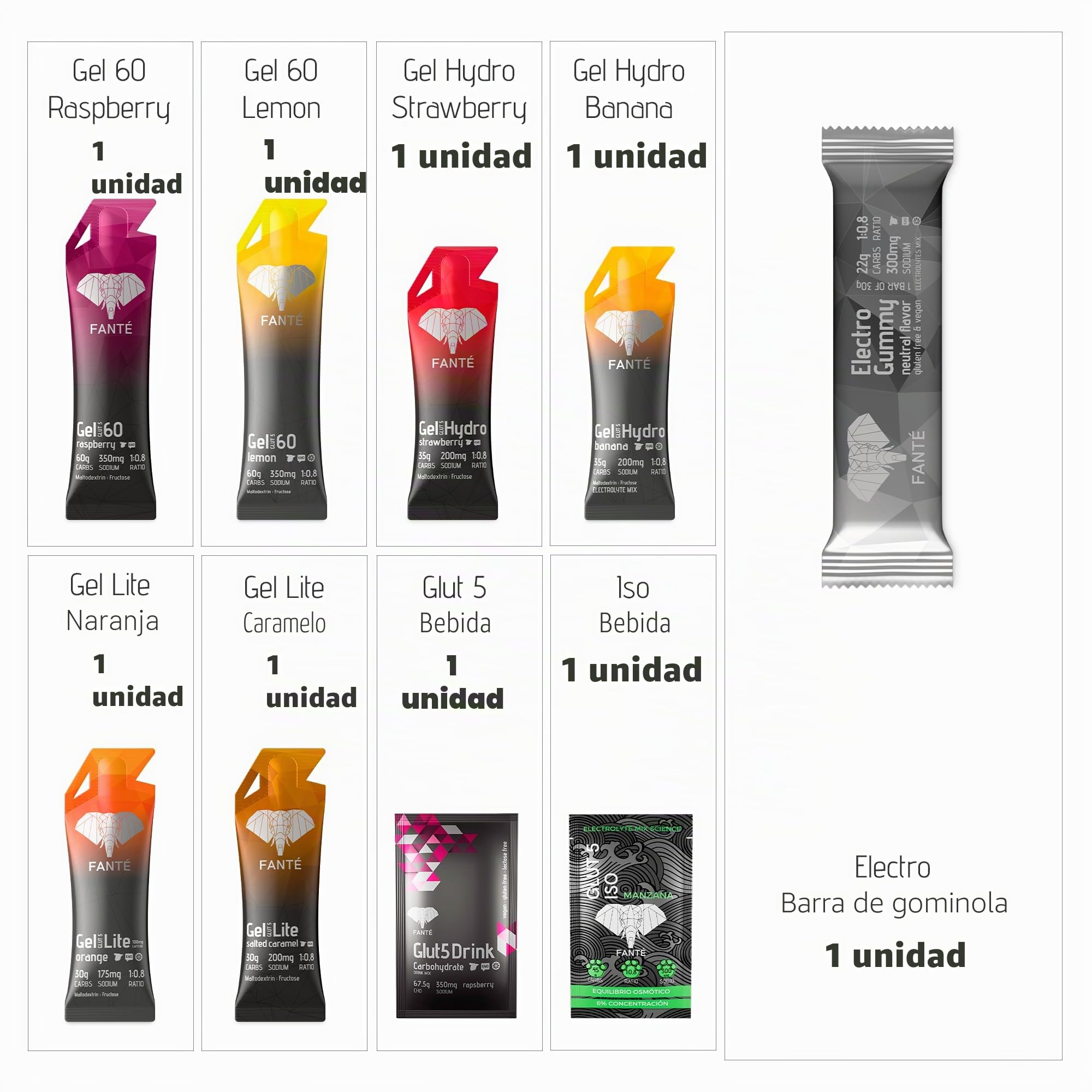 Fanté Tester Pack | Pack Surtido para Descubrir la Gama de geles energéticos de FANTÉ | 8 Geles + 2 Bebidas + 3 gominolas | Con Fruta Ecológica y 350mg de Sodio