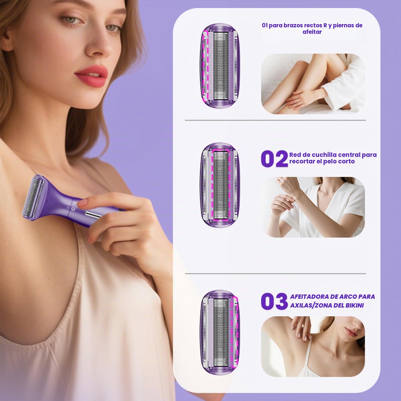 Afeitadora Mujer, 6 en 1 Kit Afeitadora Eléctrica para Cara, Cuerpo, Cejas y Zonas Íntimas, Indoloro Depiladora Mujer Uso en Seco y Húmedo, IPX5 Impermeable, USB Recargable, Morado