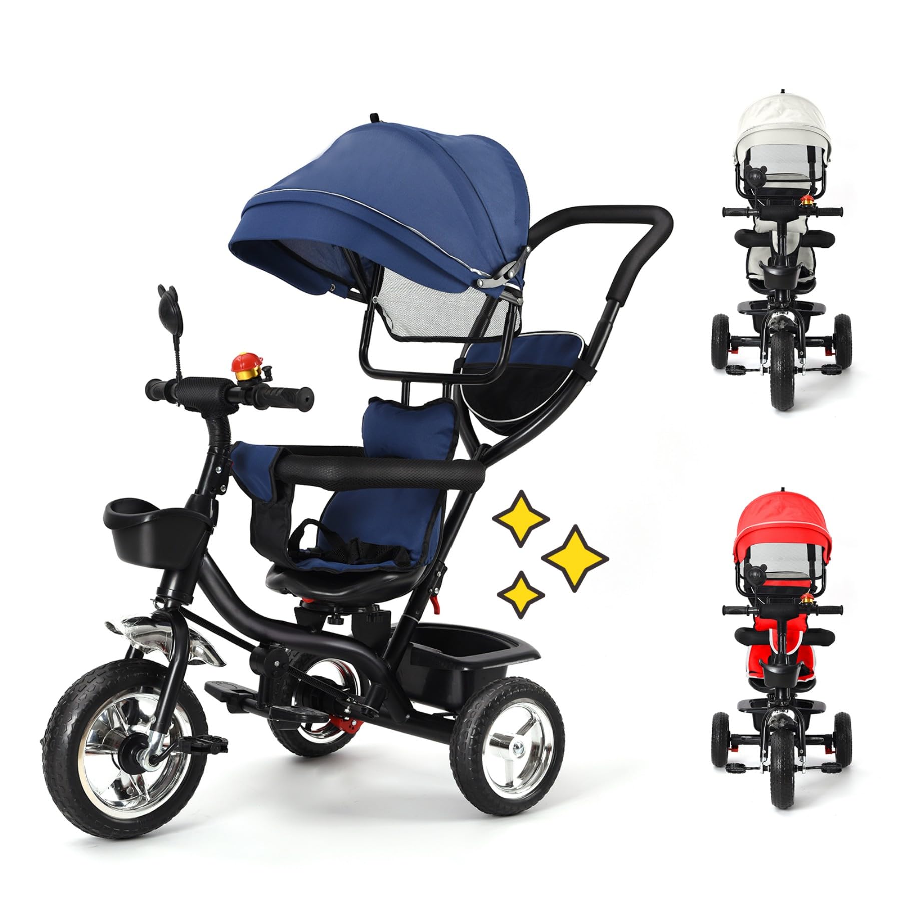 4 in 1 Kinderdreirad Tricycle für Kinder ab 12 Monate bis 5 Jahren mit Abnehmbarer Sonnendach&Schubstange Dreiräder,Jogger, mit Dachfenster, Sicherheitsgurte, 360 Grad Drehbar, Freilaufrad