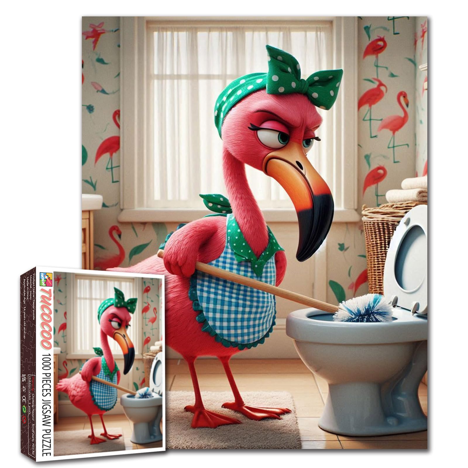Humorous Flamingo Cleaning Puzzle 1000 Piece Colorful Tropical Bird Bathroom Jigsaw Puzzle for Adults Cute Animal Toilet Art Puzzles Relaxing Activity Brain Challenge Wall Decor Gift 19.7 x 27.6 Inch — image 1