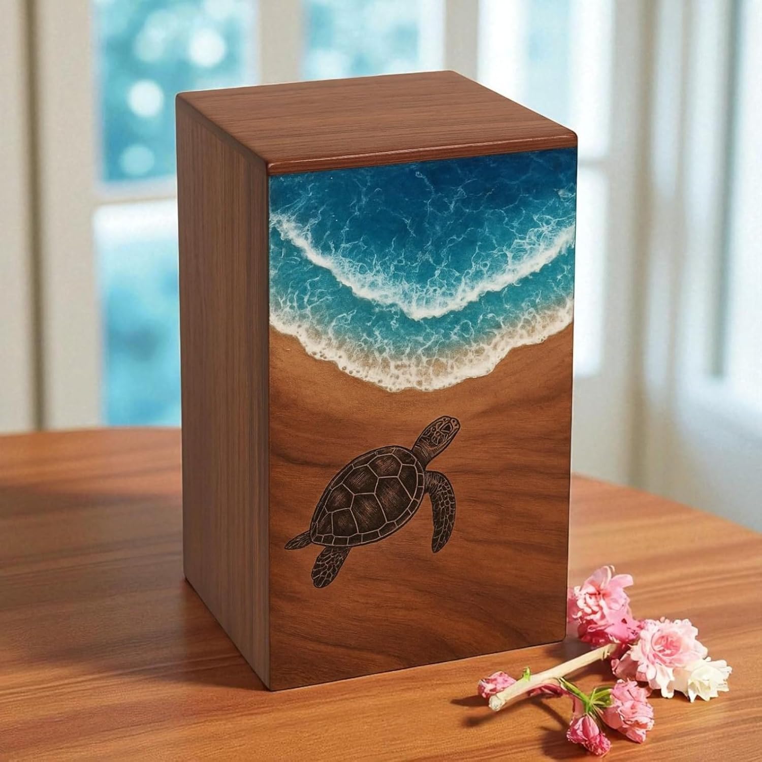 Handcrafted Rosewood Wooden Urn with Ocean Wave Resin Art & Turtle Engraving | Premium Decorative Storage Urn| Handmade Gift Box for Home Décor, Jewelry & Keepsakes (5"x3"(20Cu/in))