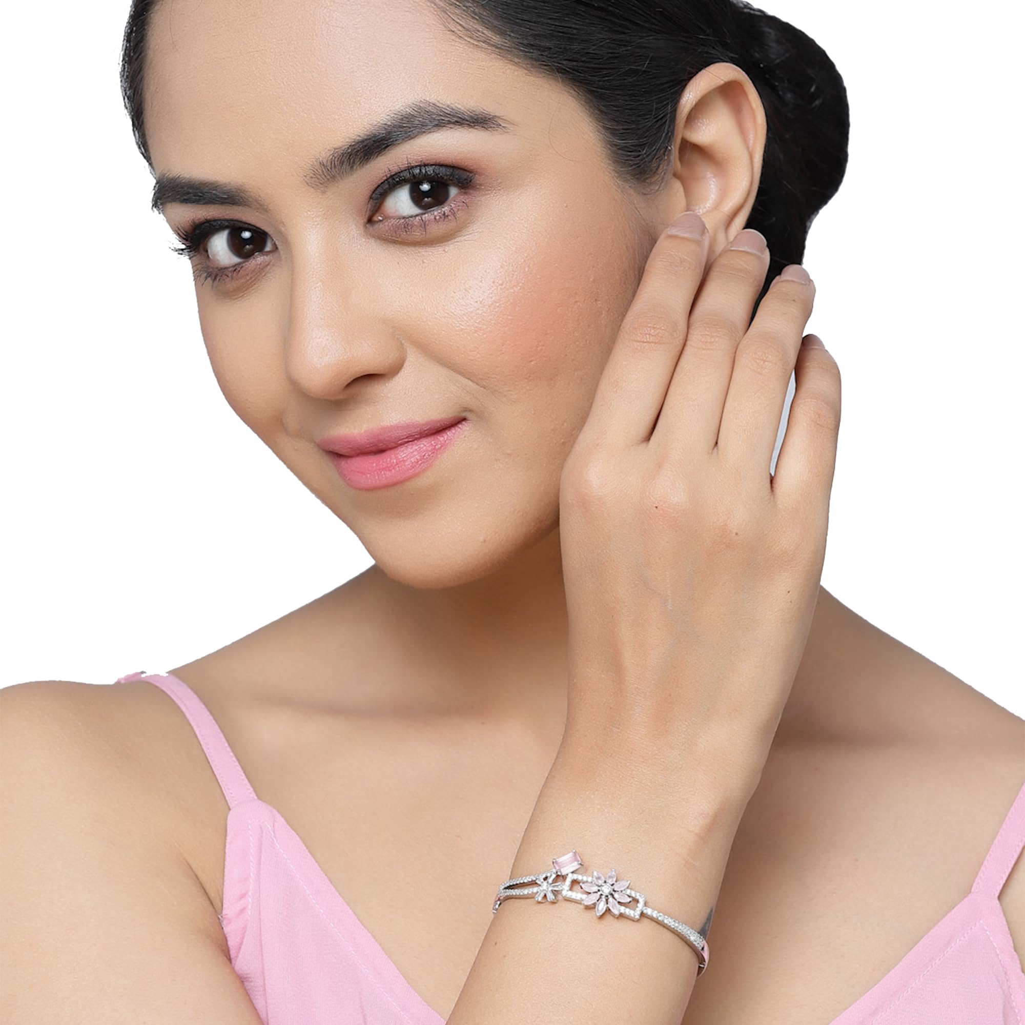 Rhodium-Plated AD Leaf Shaped Kada Bracelet (Sea Green)