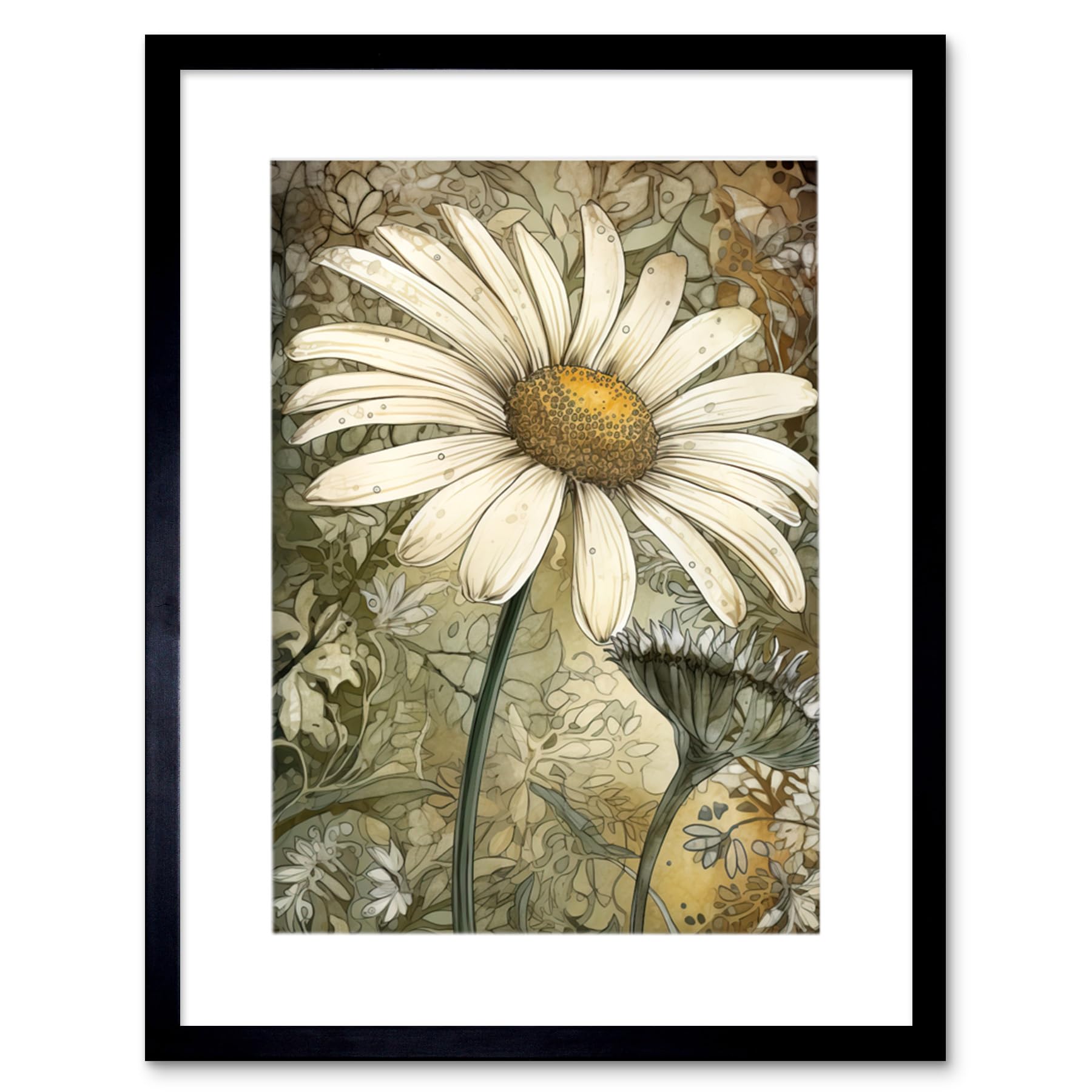 Artery8 Pastel Watercolour Daisy Flower Bloom Illustration Artwork Framed Wall Art Print 12X16 Inch