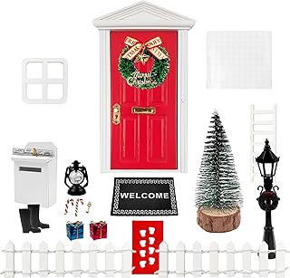 RAFIYU Gnome Door Accessory Christmas Set, 21 Pcs Miniature Gnome Accessories, 1:12 Miniature Elf Pixie Decoration, Dollhouse Christmas Decoration with Mailbox, Boot, Wreath, Fence, Carpet, Lantern
