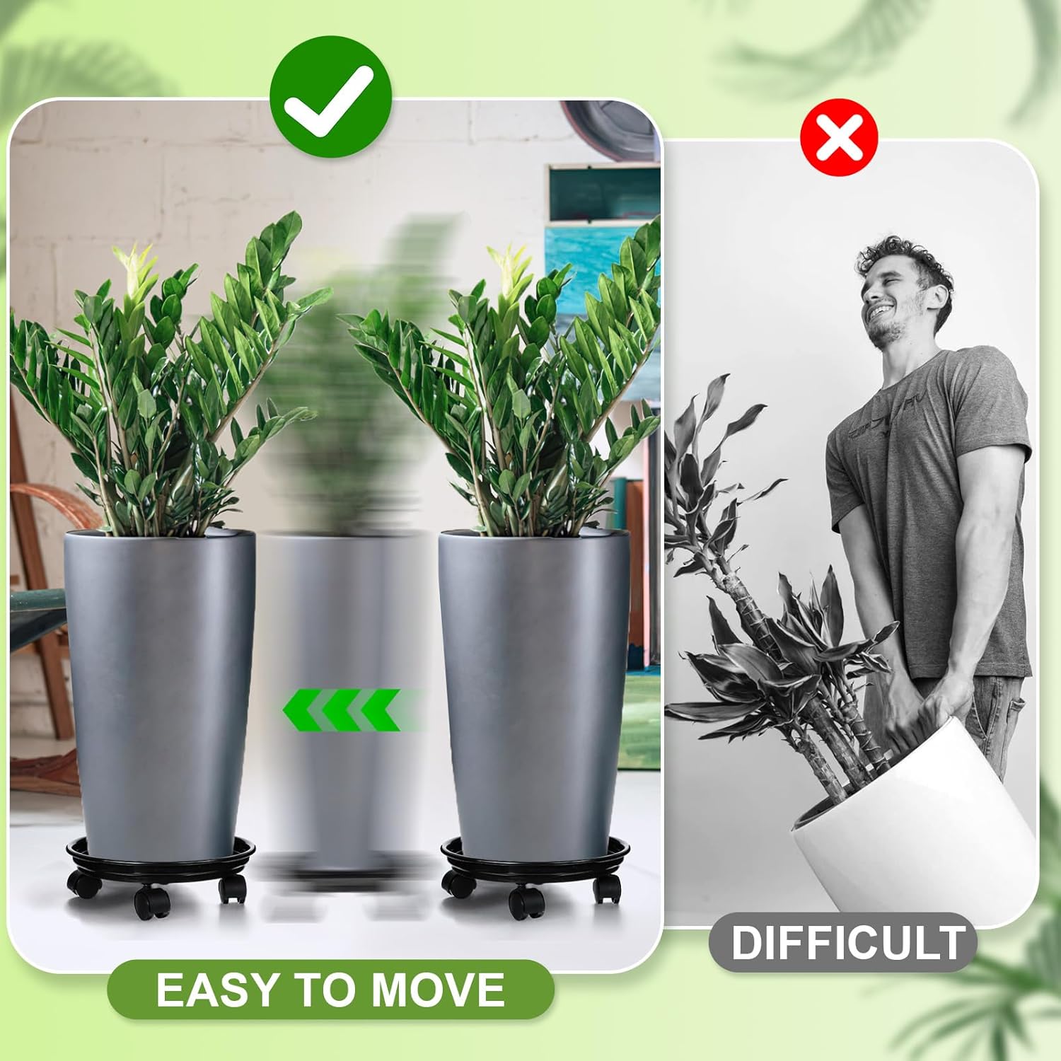 Honeydak 4 Pack 12 Inch Plant Stand with Mute Wheels and 10 Inch Waterproof Coasters Mat Set Heavy Duty Plant Dolly with Casters, Leakproof Drip Trays for Indoor Outdoor Pots, Protect Floor(Black)