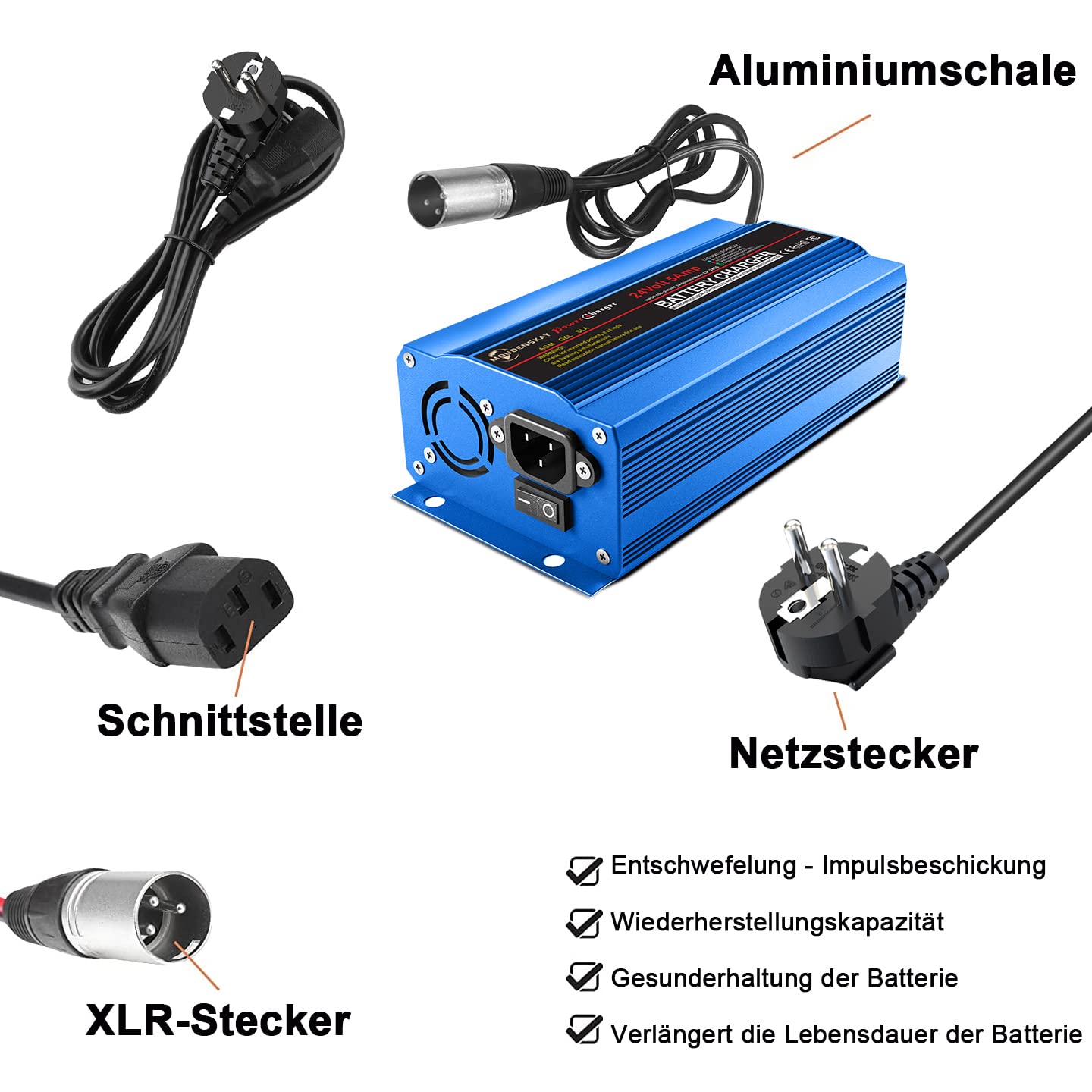 24V 5Amp Smart Automatic Battery Charger,24V Batterieladegerät Automotive Mit XLR-Anschluss für Roller Rollstuhl Auto Motorrad Erhaltungsladegerät Batteriehalter Mit dem Schalter