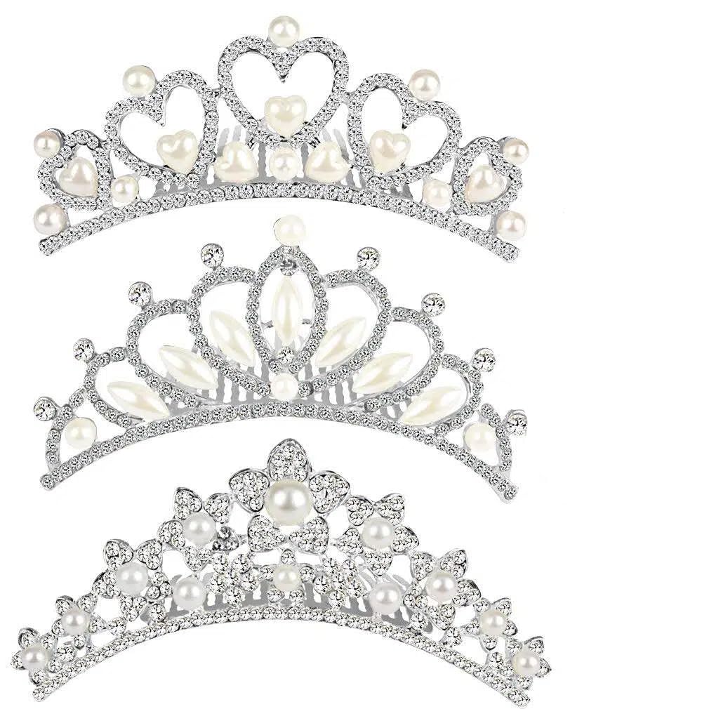 Small Tiara Crown with Hair Comb, 3 Pack Mini Tiara Crown Princess Crystal Shiny Hair Accessories for 2 3 4 5 6 7 8 9 Years Girls Hair Dectoration Styling Cute Hair Accessories (3 Styles)
