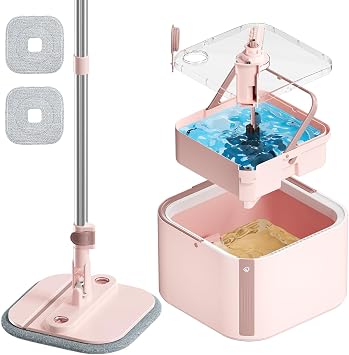 Upgraded Spin Mop and Bucket System Set, Self Separate Clean and Dirty Water, Foldable Square Standing Mop Head with Microfiber Mop Pads, Detachable Bucket Pink, Mop Set with 2PC Pads